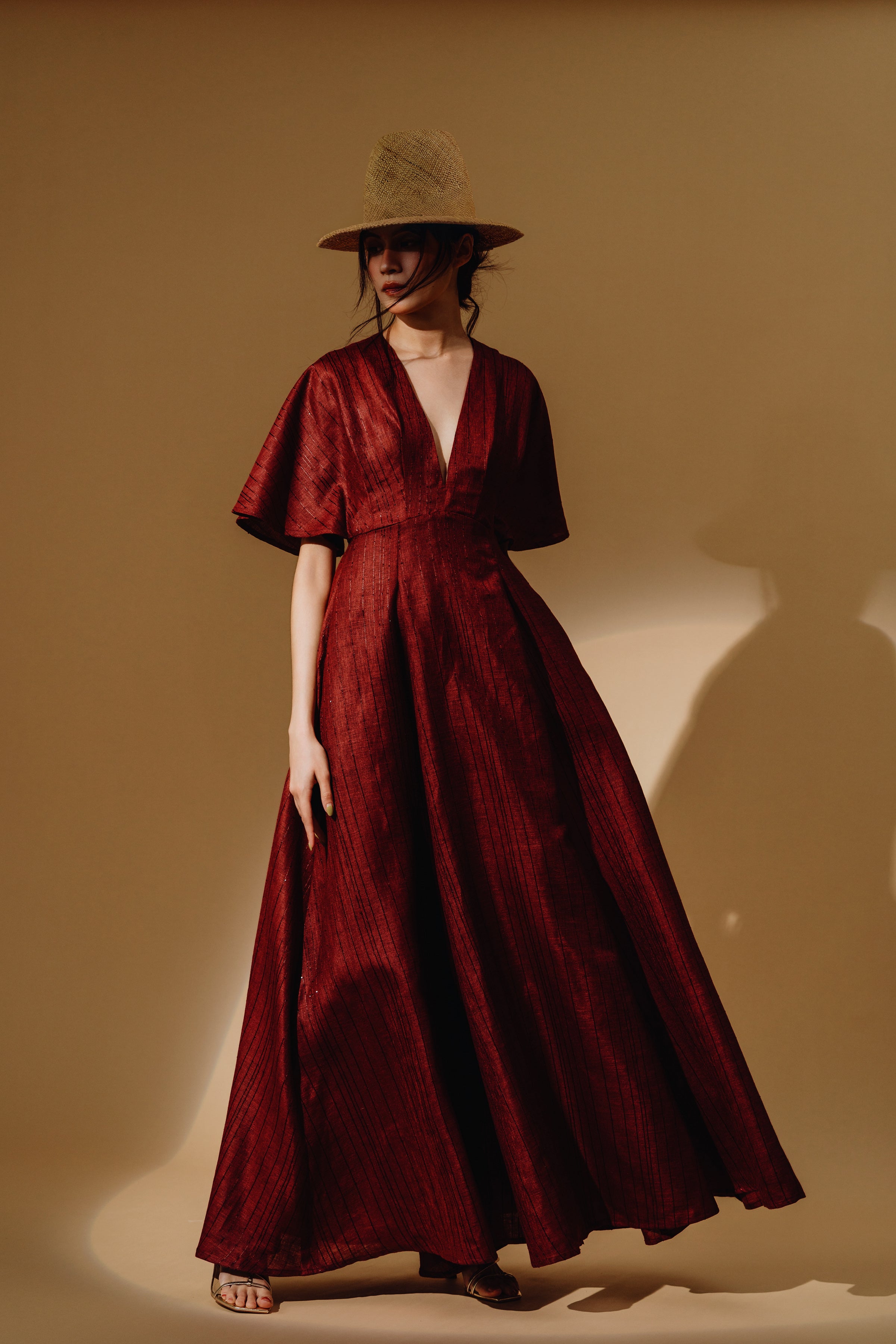 Linen Sequin Deep V-Neck Flare Sleeve Maxi Dress