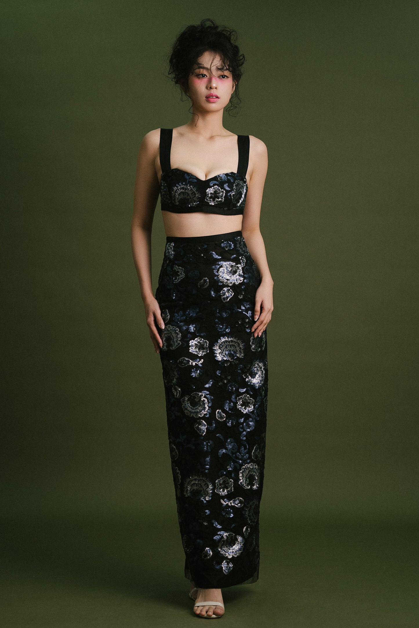 Black Floral Sequinn Lace Bralette and Skirt