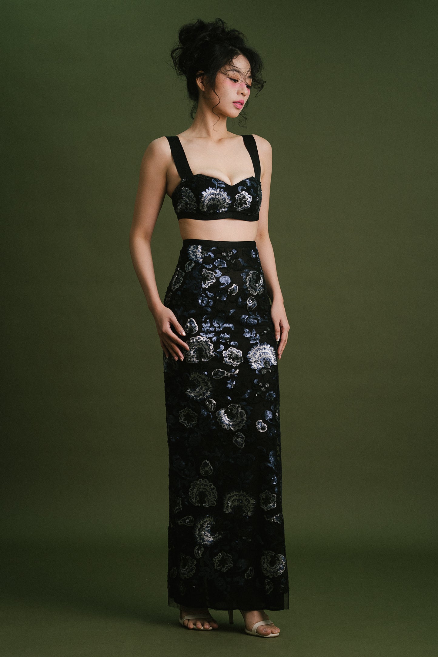 Black Floral Sequinn Lace Bralette and Skirt