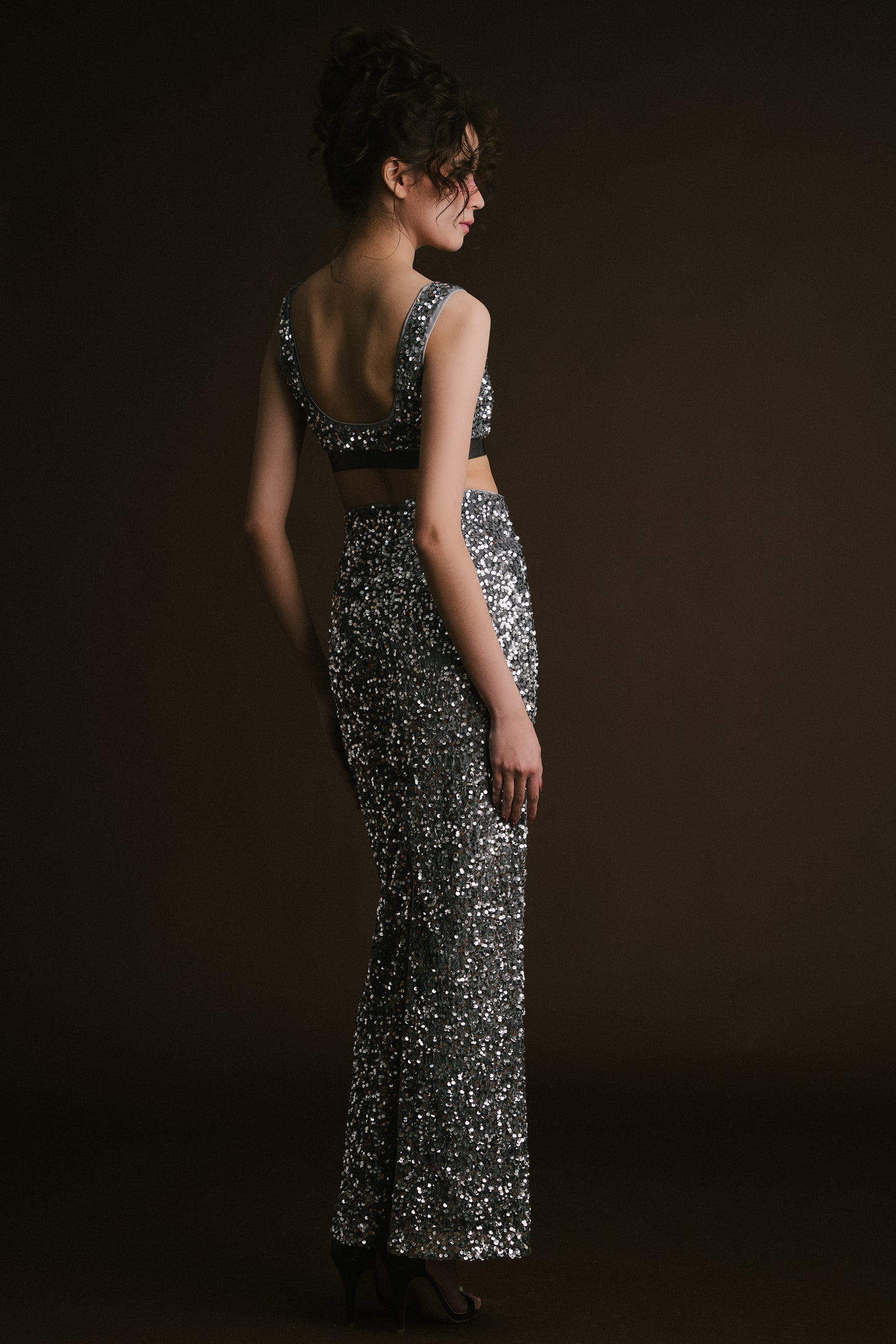 Silver Velvet Sequin Crop Cape with Skirt & Bralette