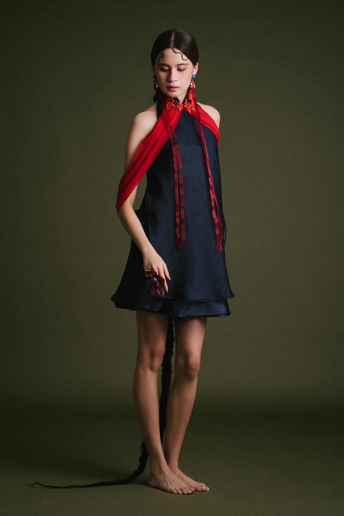 「悠 yōu」Mandarin Collar Open-Back Dress with Shawl (Short)
