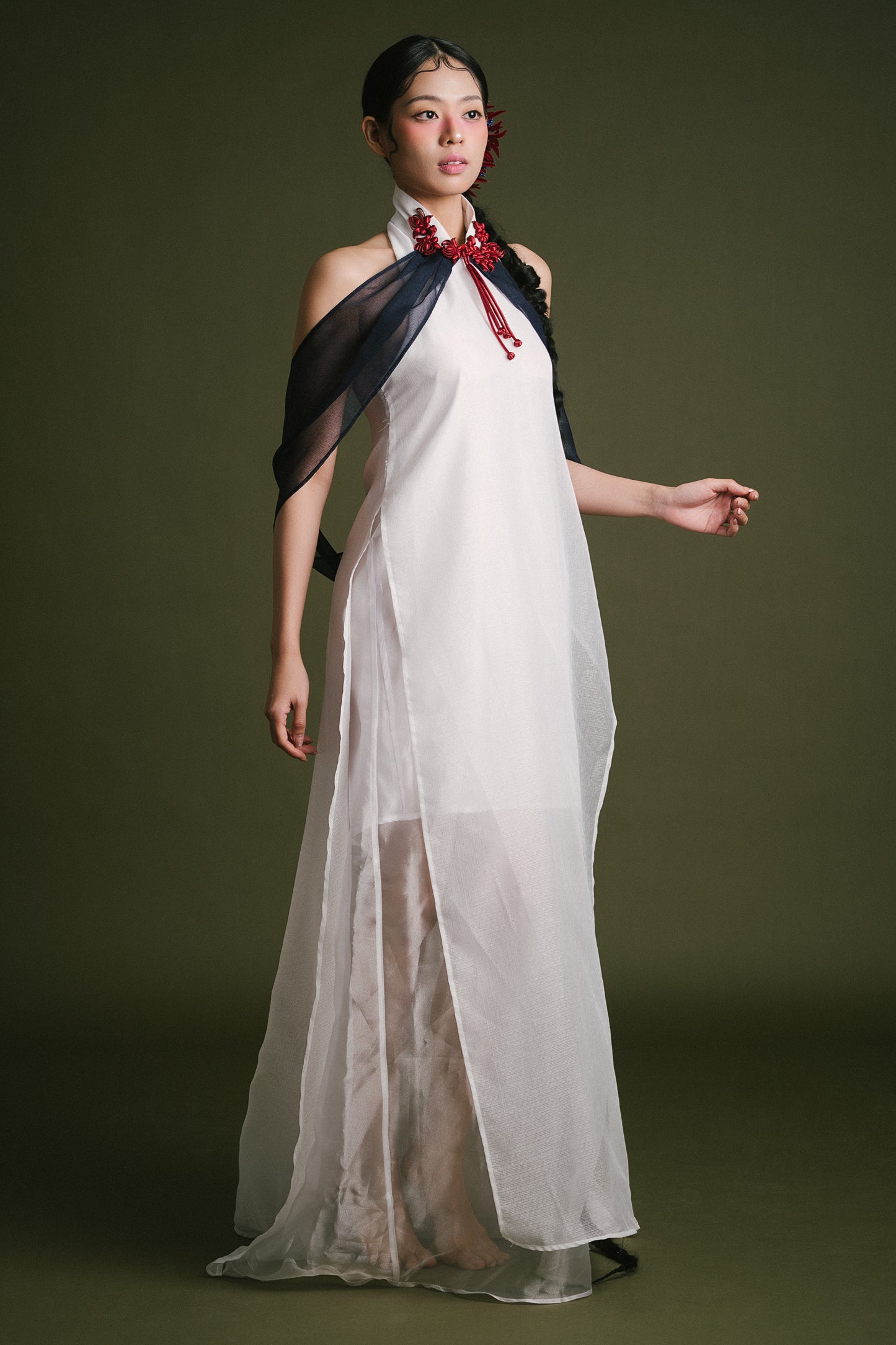「媚 mèi」Mandarin Collar Open-Back Dress with Shawl (Long)