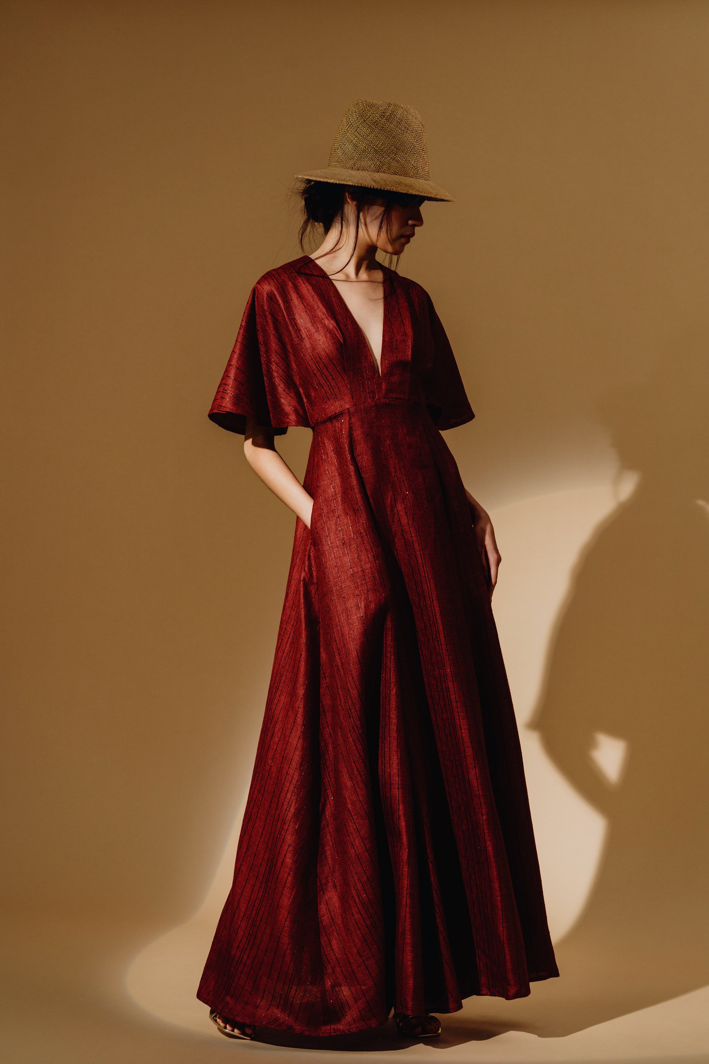Linen Sequin Deep V-Neck Flare Sleeve Maxi Dress