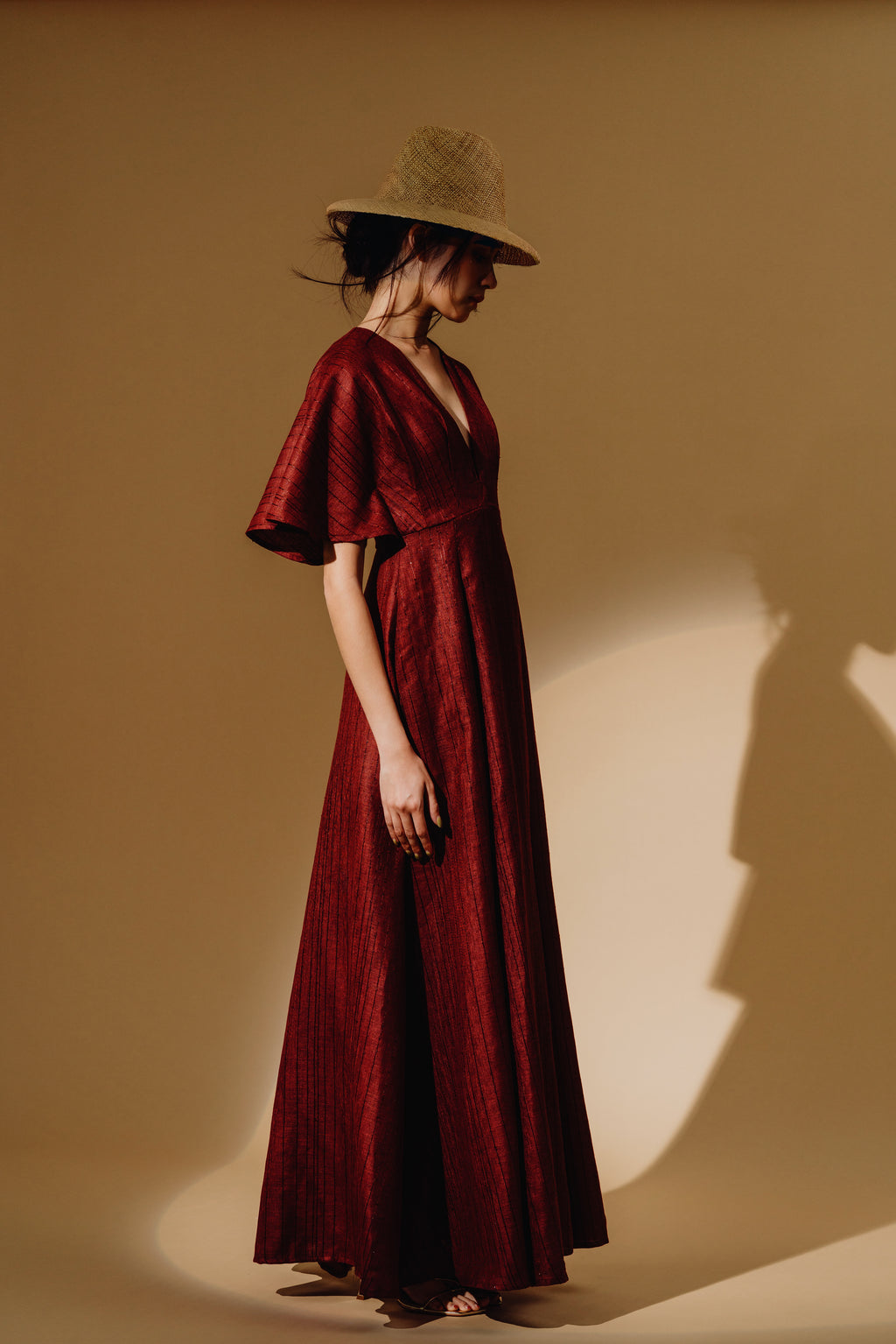 Linen Sequin Deep V-Neck Flare Sleeve Maxi Dress