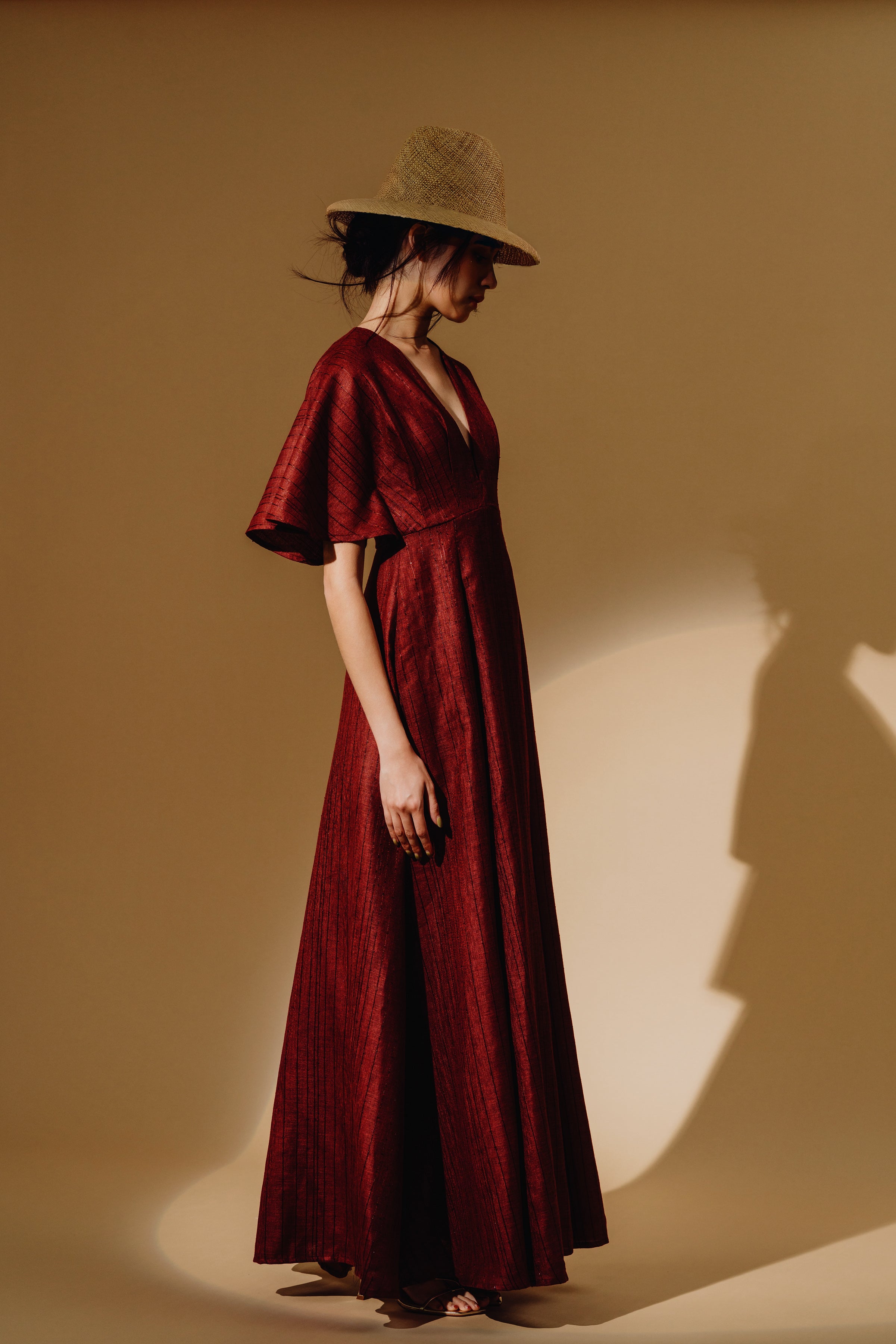 Linen Sequin Deep V-Neck Flare Sleeve Maxi Dress