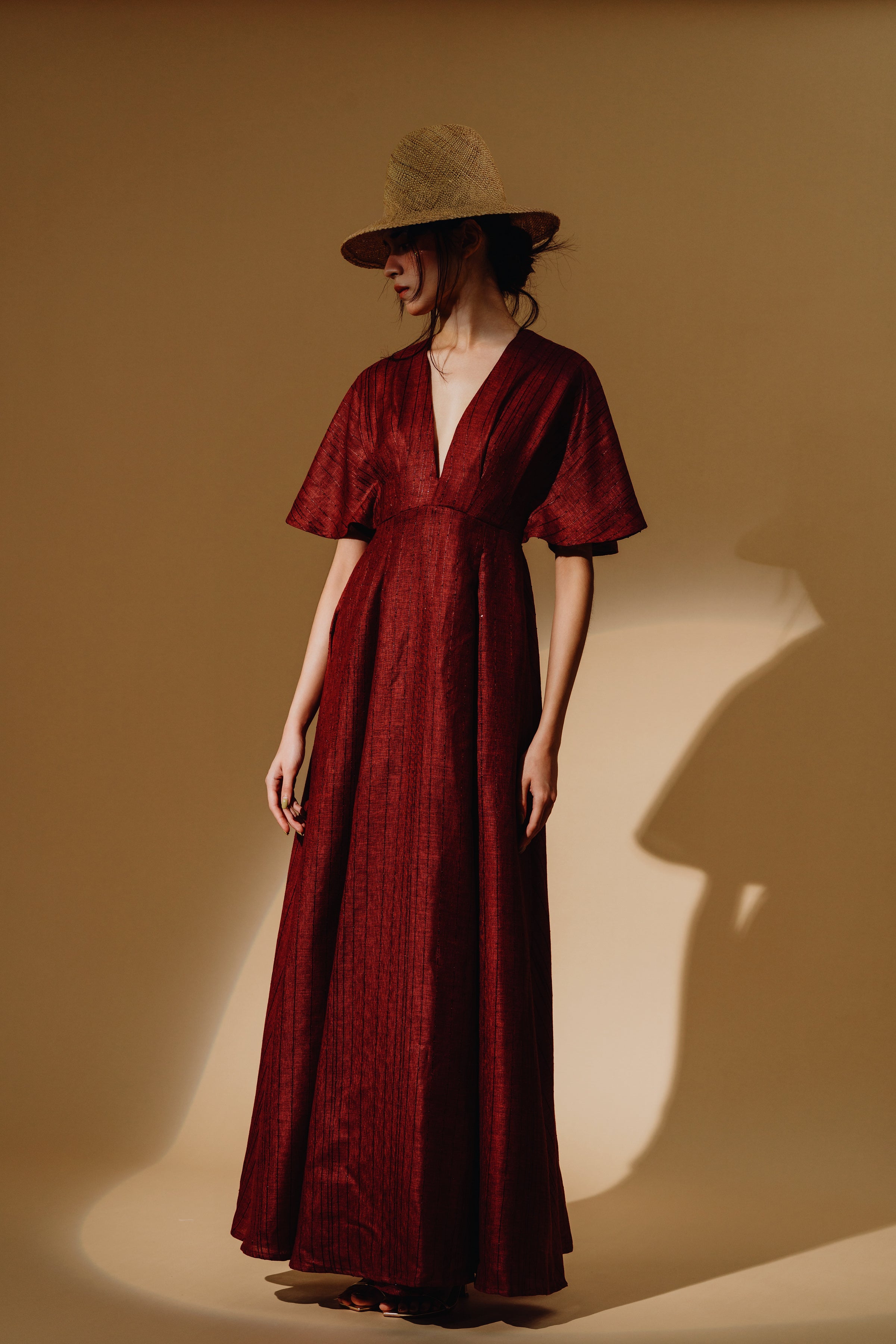 Linen Sequin Deep V-Neck Flare Sleeve Maxi Dress