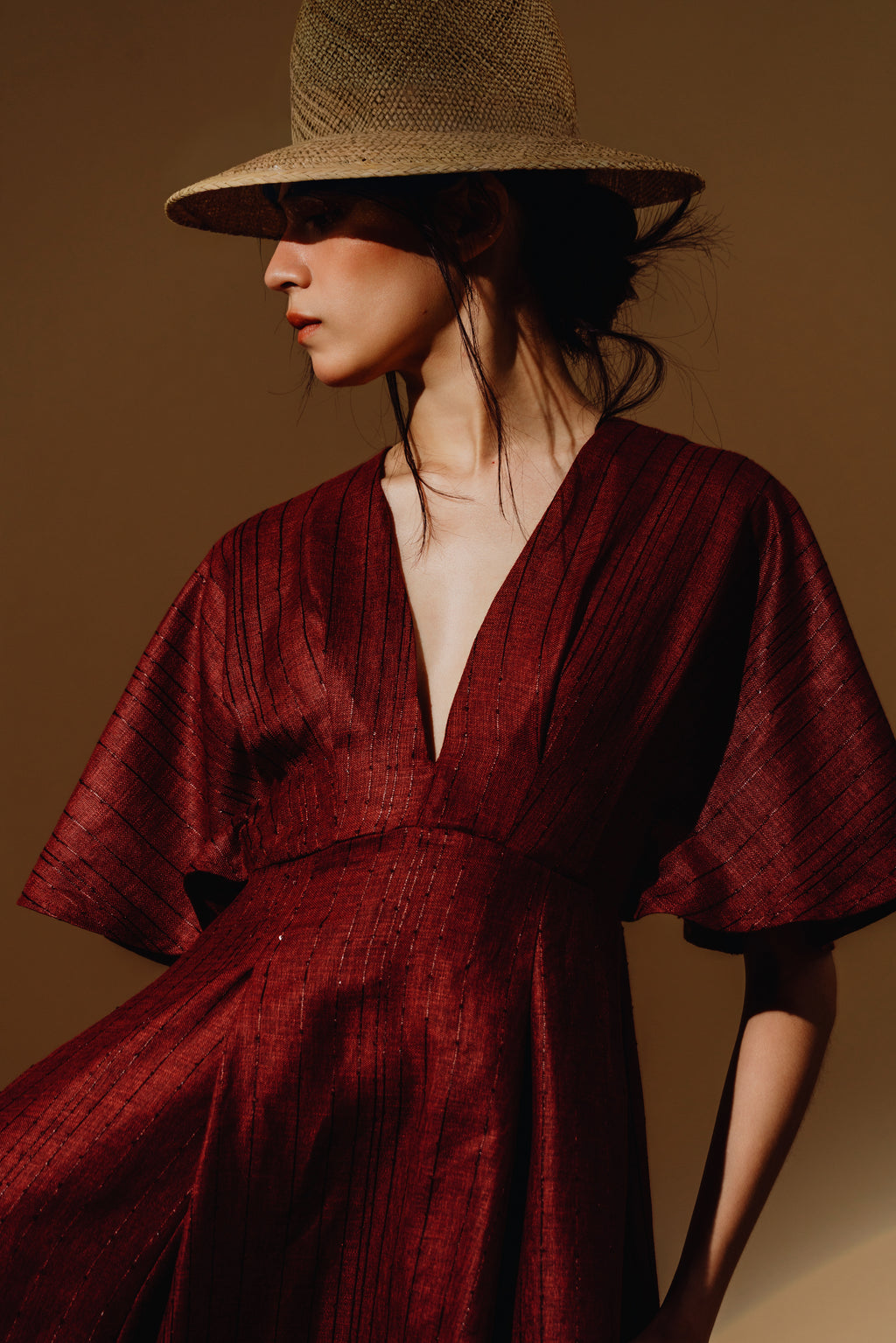 Linen Sequin Deep V-Neck Flare Sleeve Maxi Dress