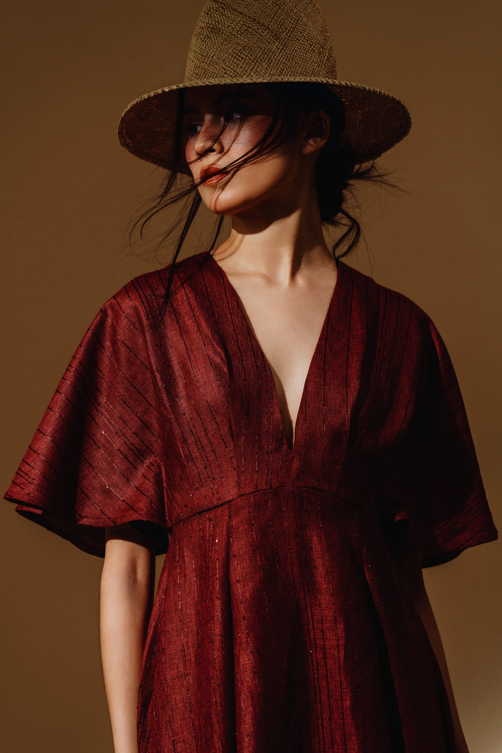 Linen Sequin Deep V-Neck Flare Sleeve Maxi Dress