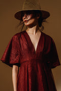 Linen Sequin Deep V-Neck Flare Sleeve Maxi Dress