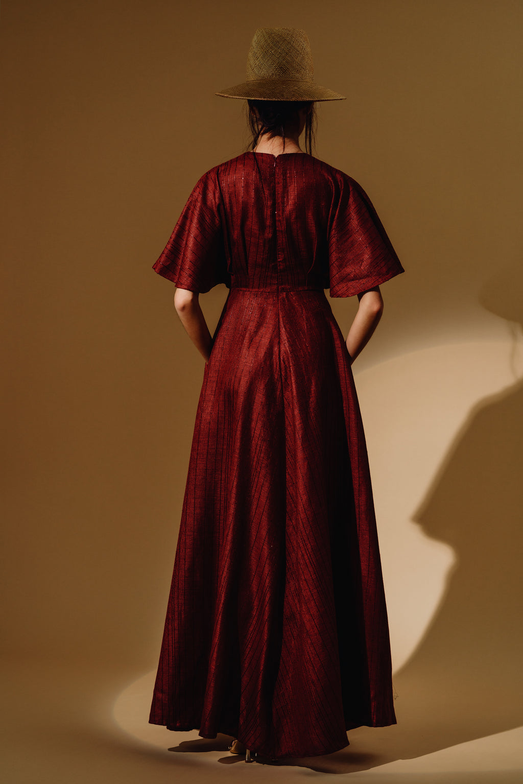 Linen Sequin Deep V-Neck Flare Sleeve Maxi Dress