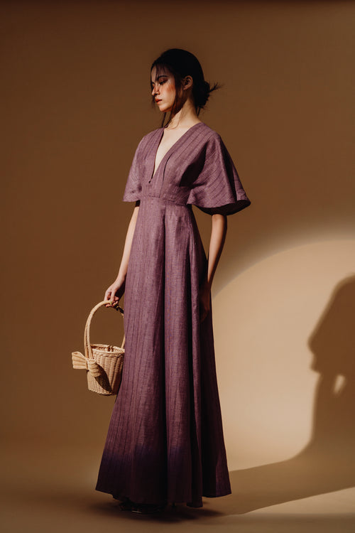 Linen Sequin Deep V-Neck Flare Sleeve Maxi Dress (Copy)