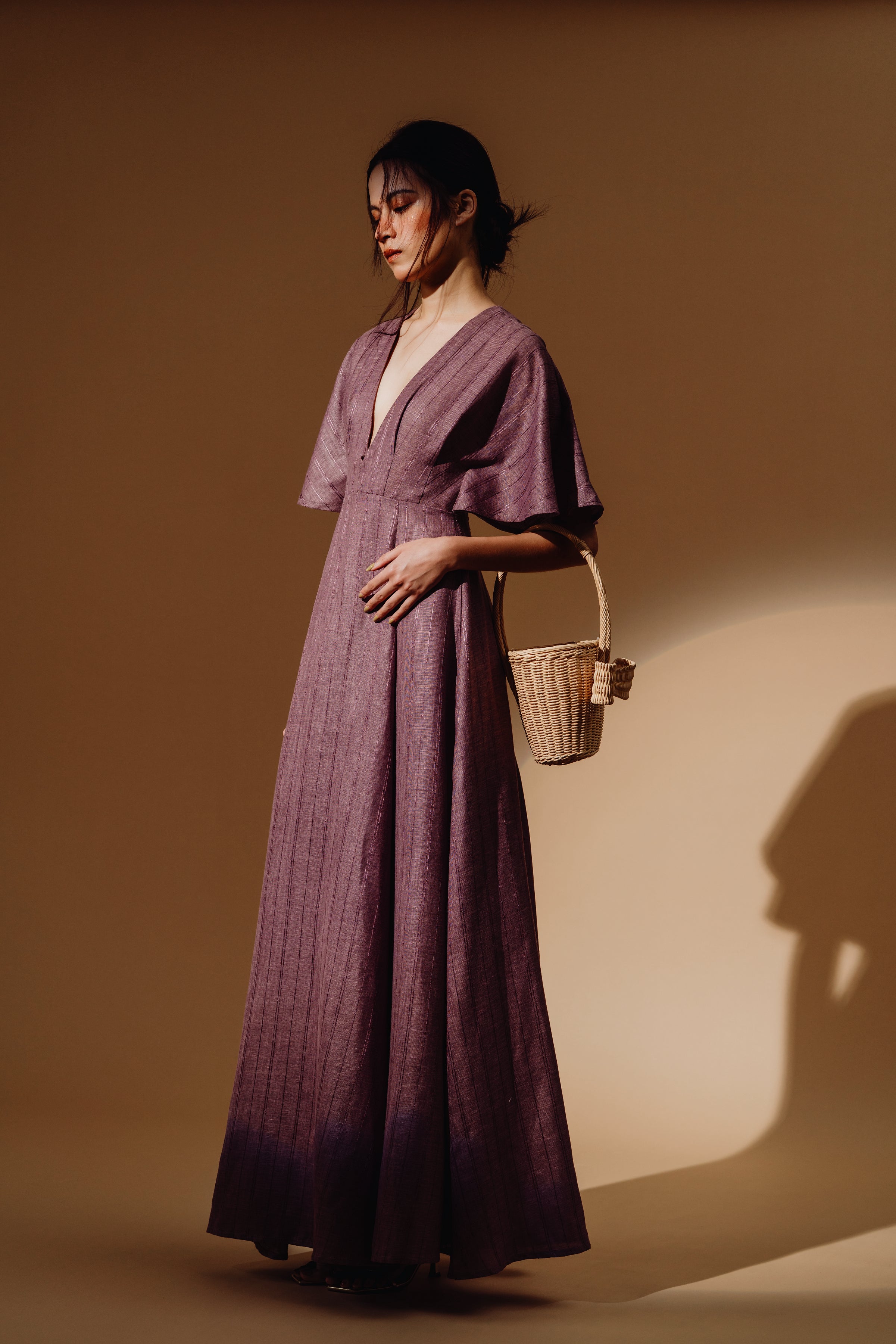 Linen Sequin Deep V-Neck Flare Sleeve Maxi Dress