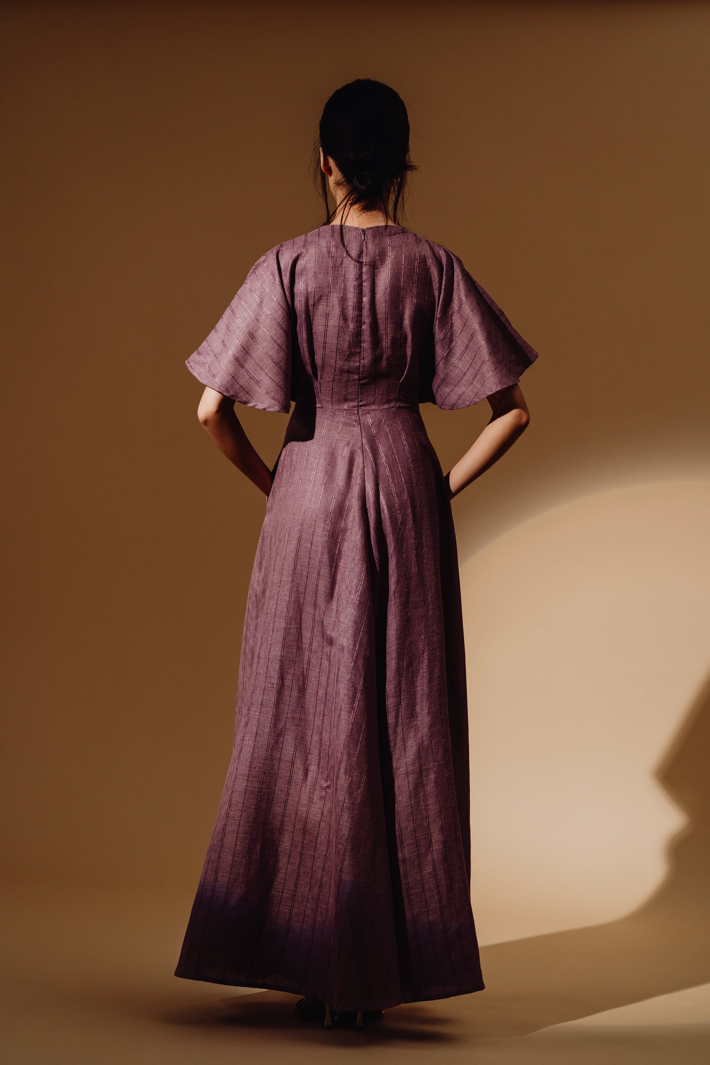 Linen Sequin Deep V-Neck Flare Sleeve Maxi Dress (Copy)