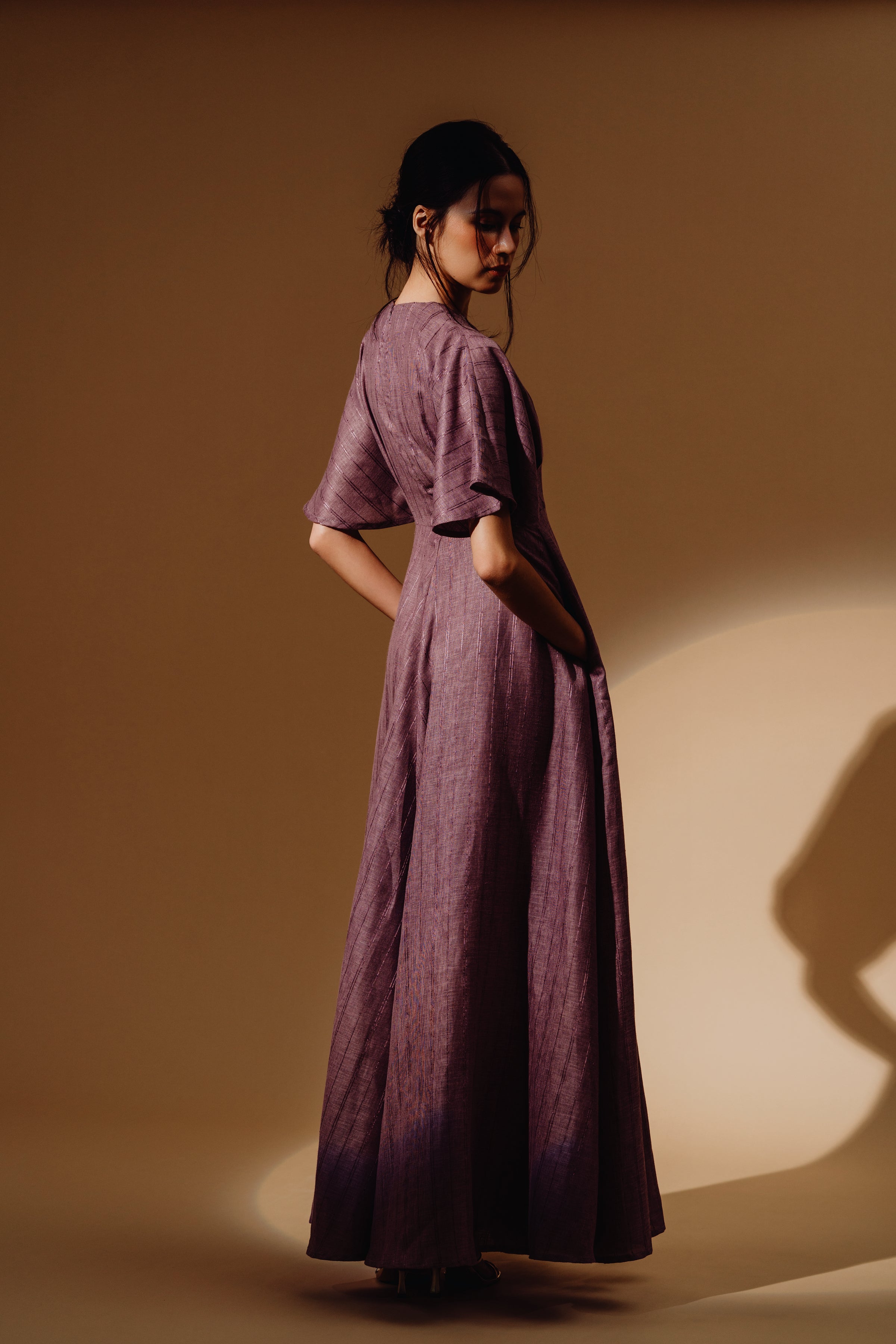Linen Sequin Deep V-Neck Flare Sleeve Maxi Dress (Copy)