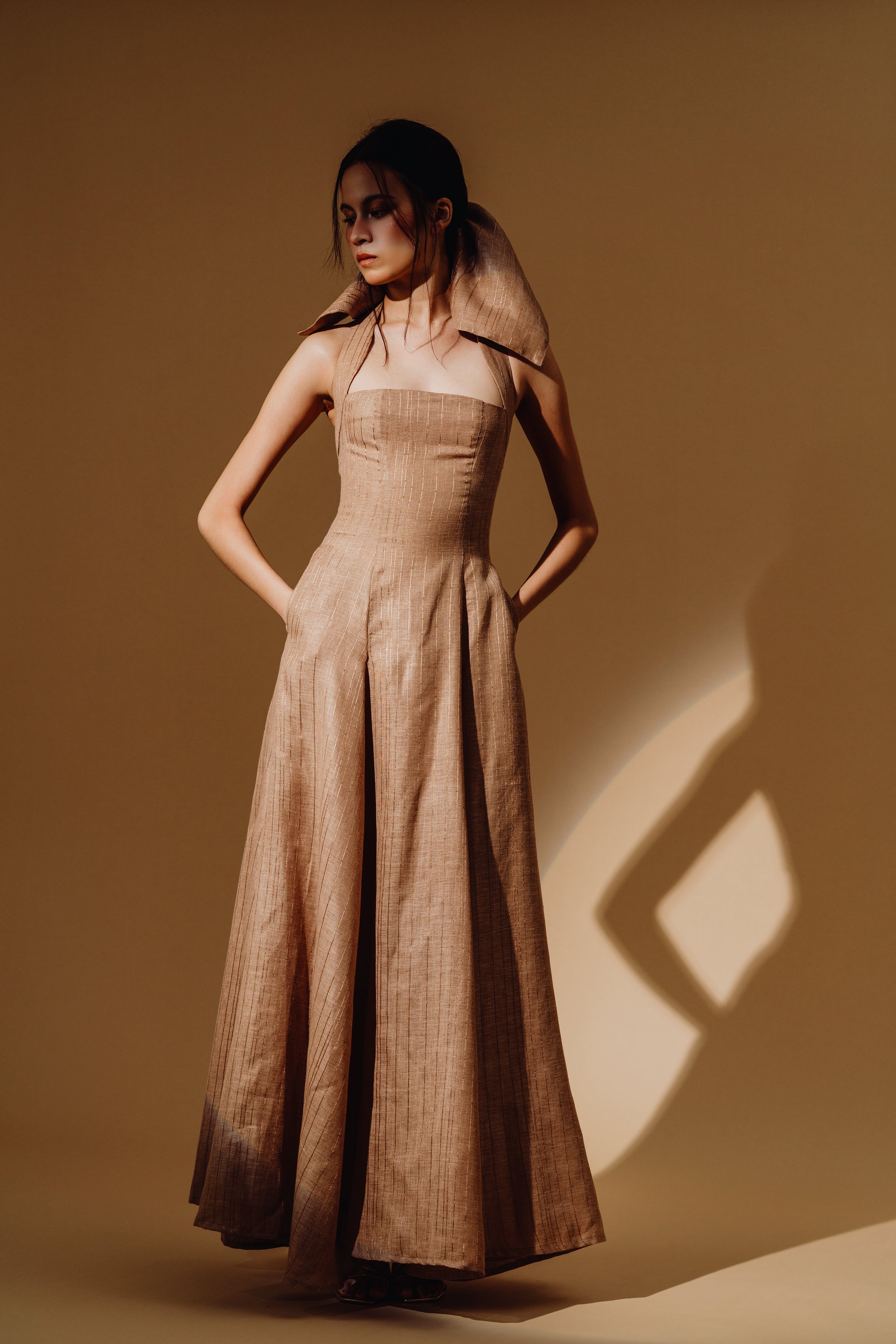 Linen Sequin Halter-Neck with Straps Maxi Dress and Bareback