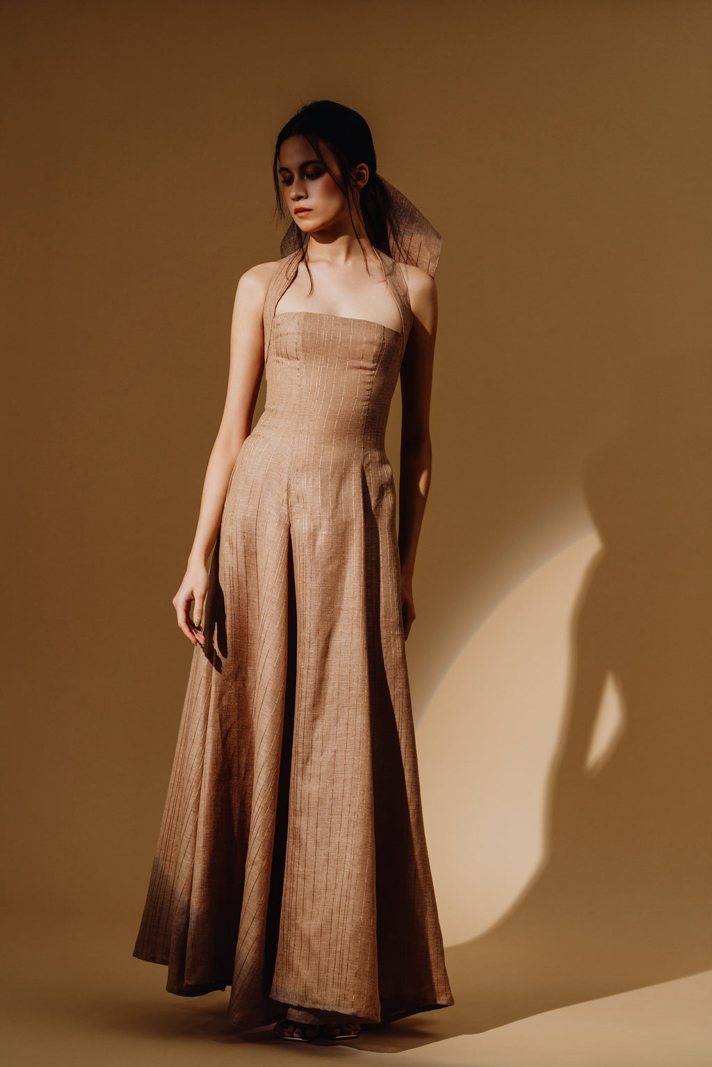 Linen Sequin Halter-Neck with Straps Maxi Dress and Bareback