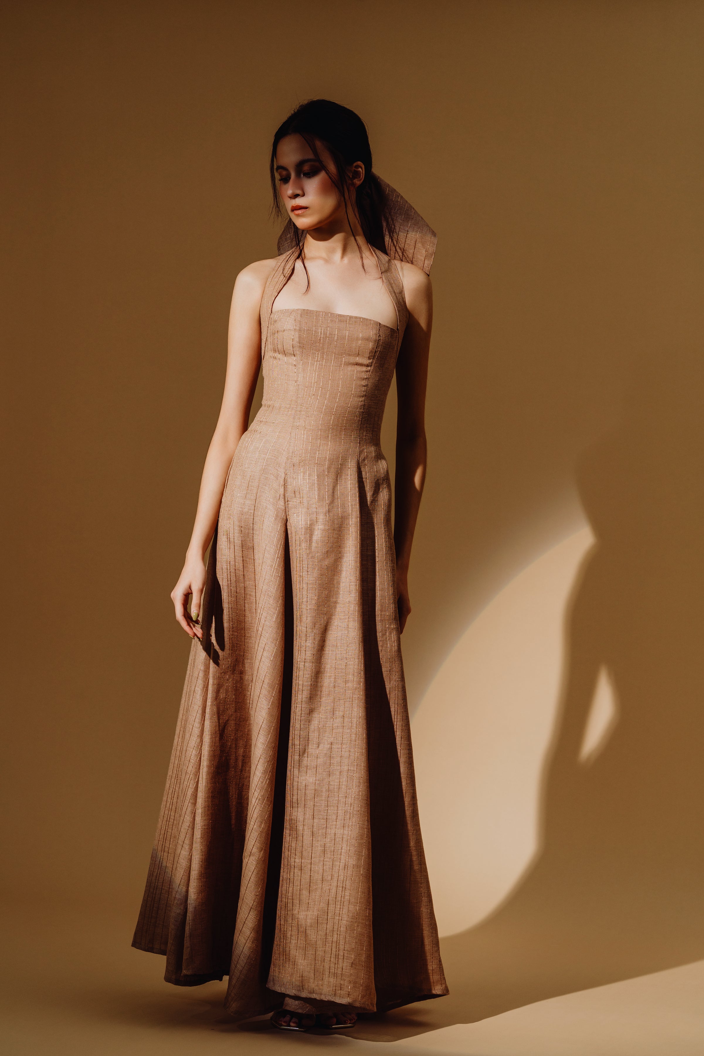 Linen Sequin Halter-Neck with Straps Maxi Dress and Bareback