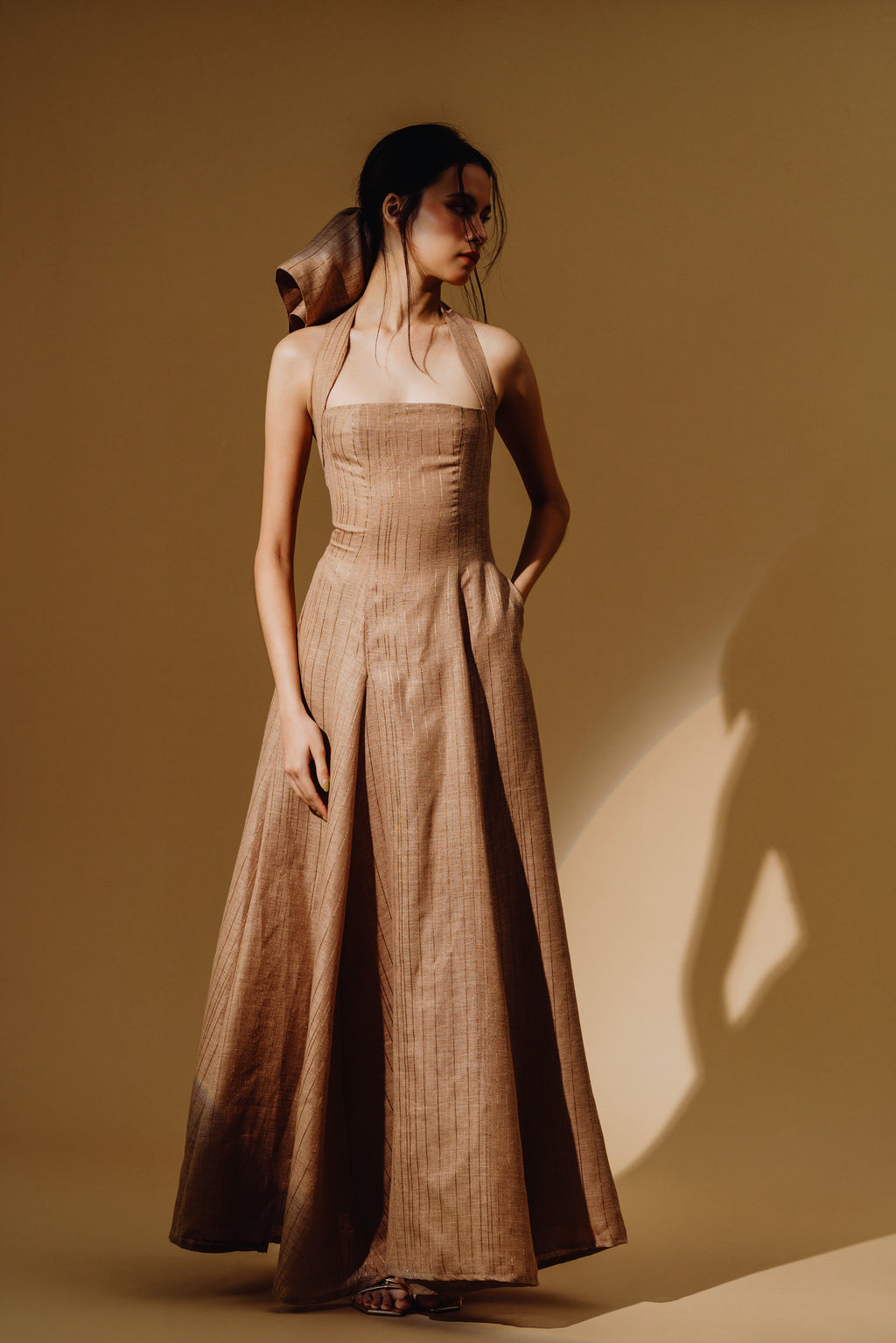 Linen Sequin Halter-Neck with Straps Maxi Dress and Bareback