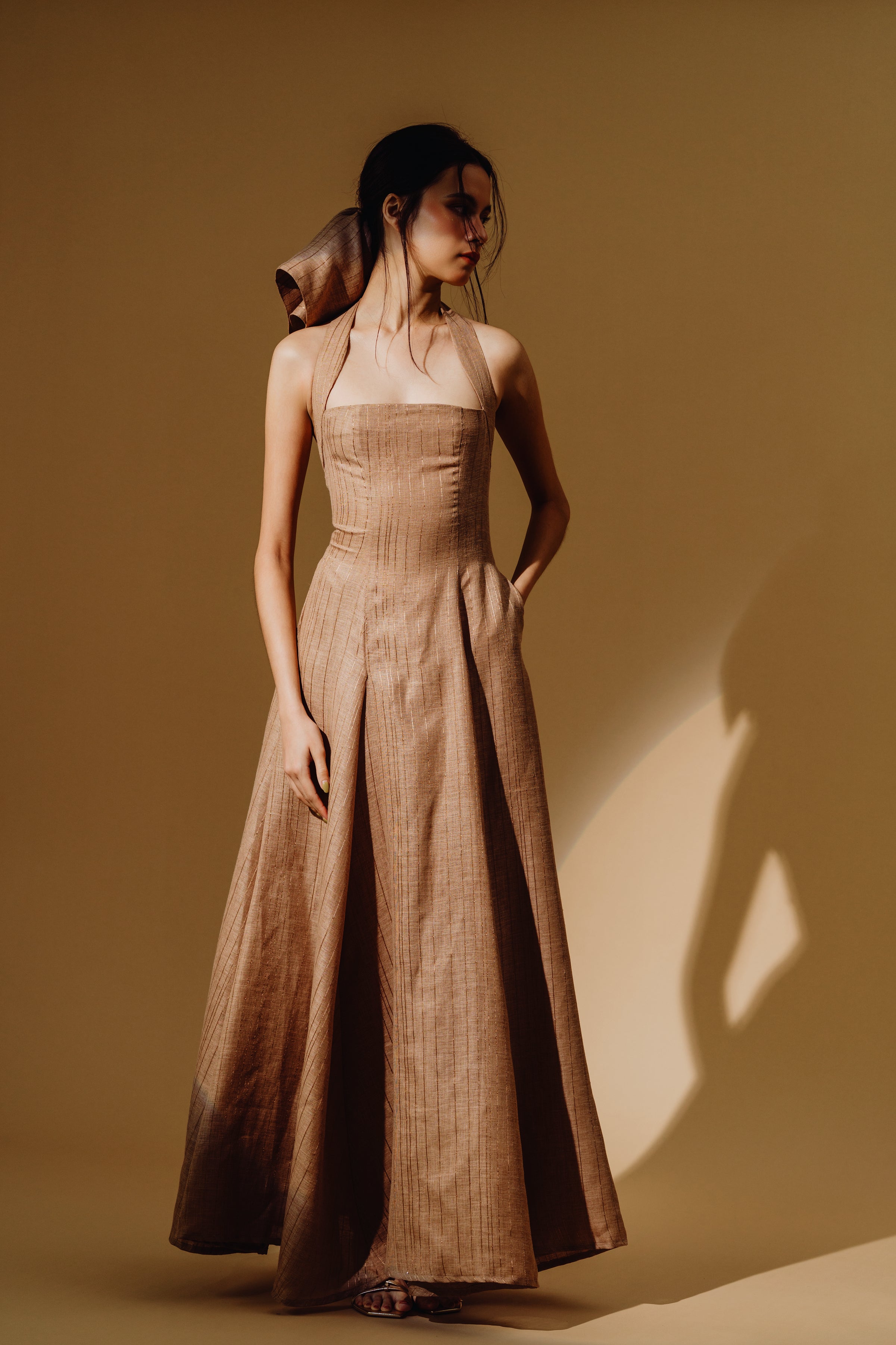 Linen Sequin Halter-Neck with Straps Maxi Dress and Bareback
