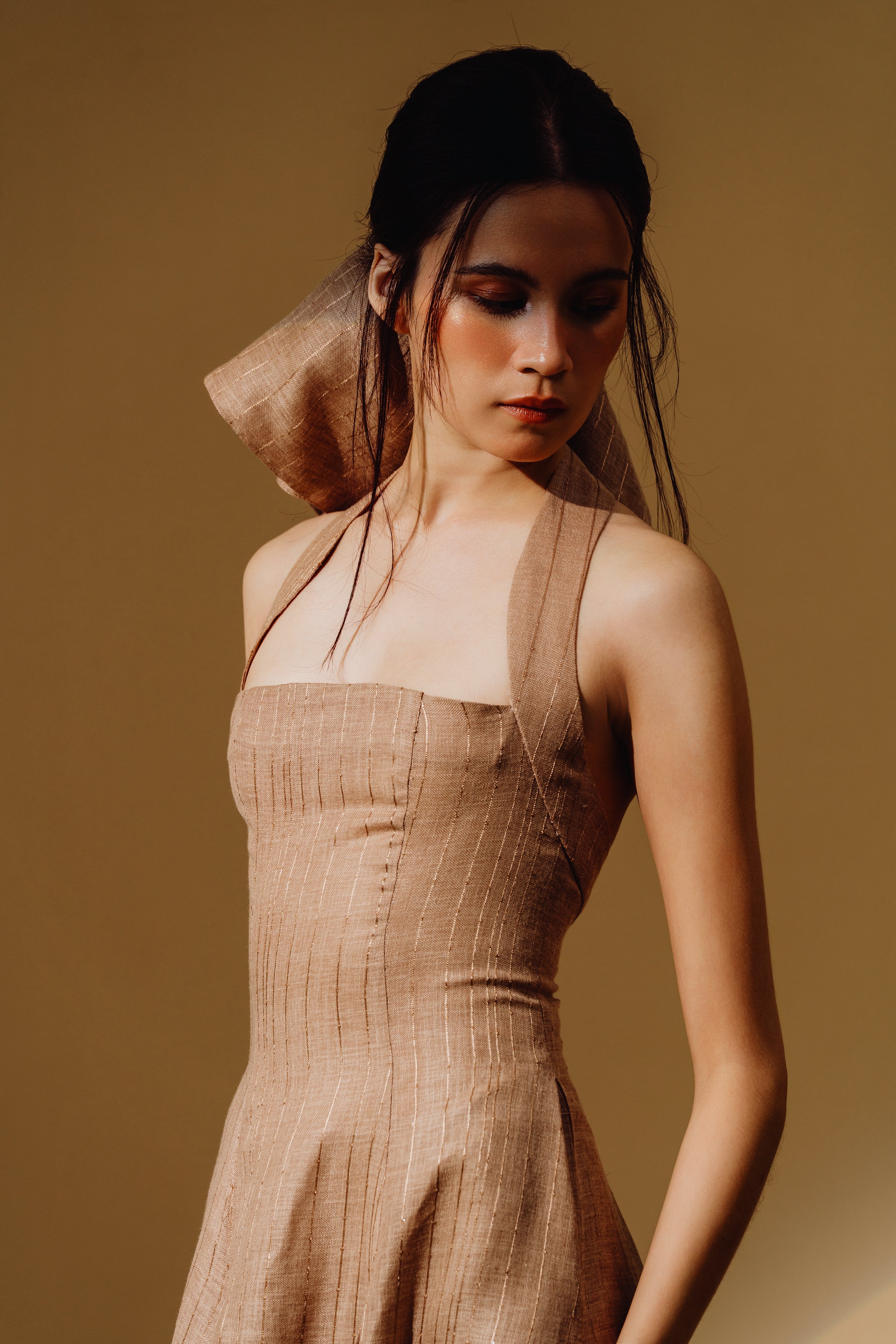 Linen Sequin Halter-Neck with Straps Maxi Dress and Bareback