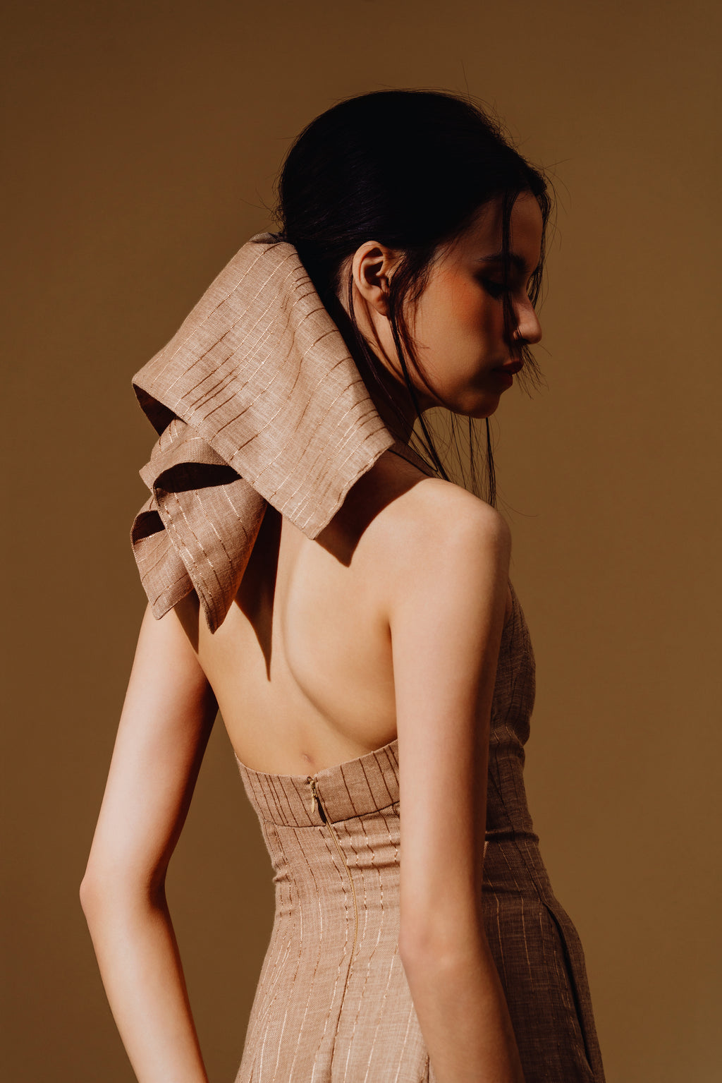 Linen Sequin Halter-Neck with Straps Maxi Dress and Bareback