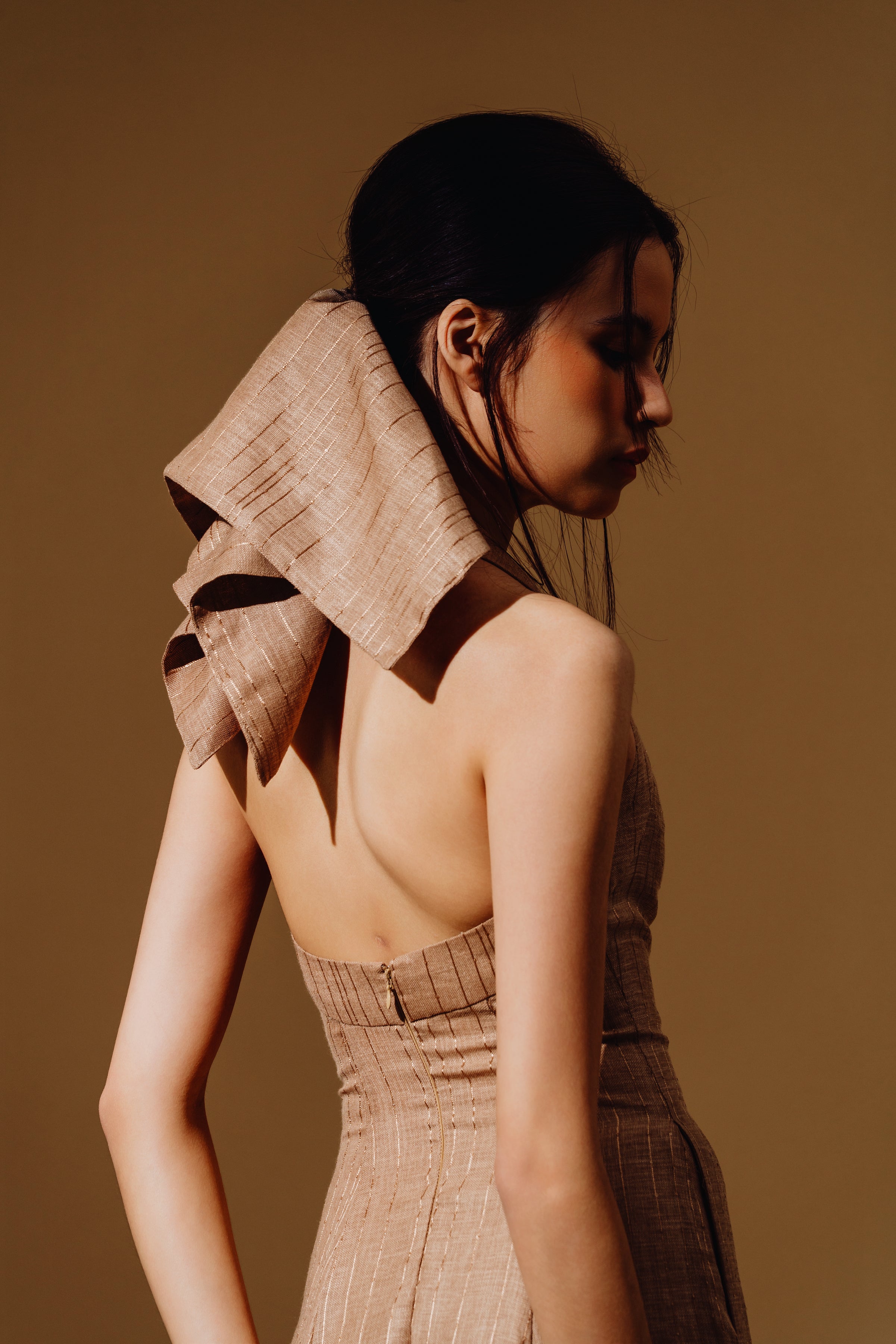 Linen Sequin Halter-Neck with Straps Maxi Dress and Bareback