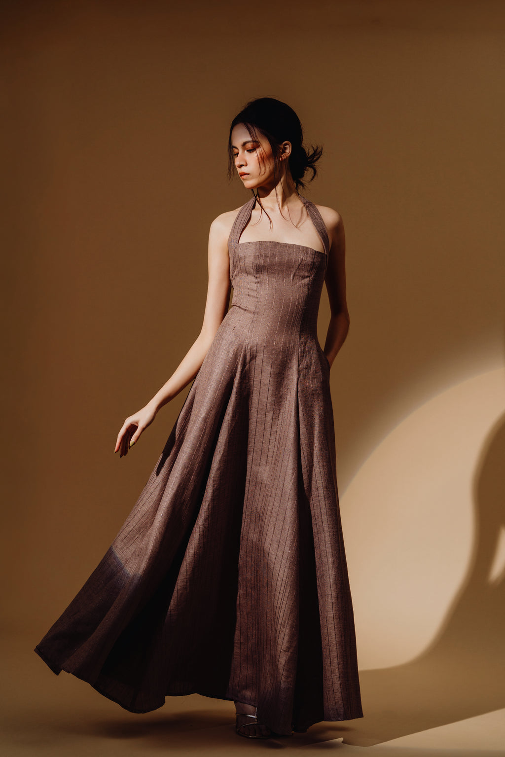 Linen Sequin Halter-Neck with Straps Maxi Dress and Bareback