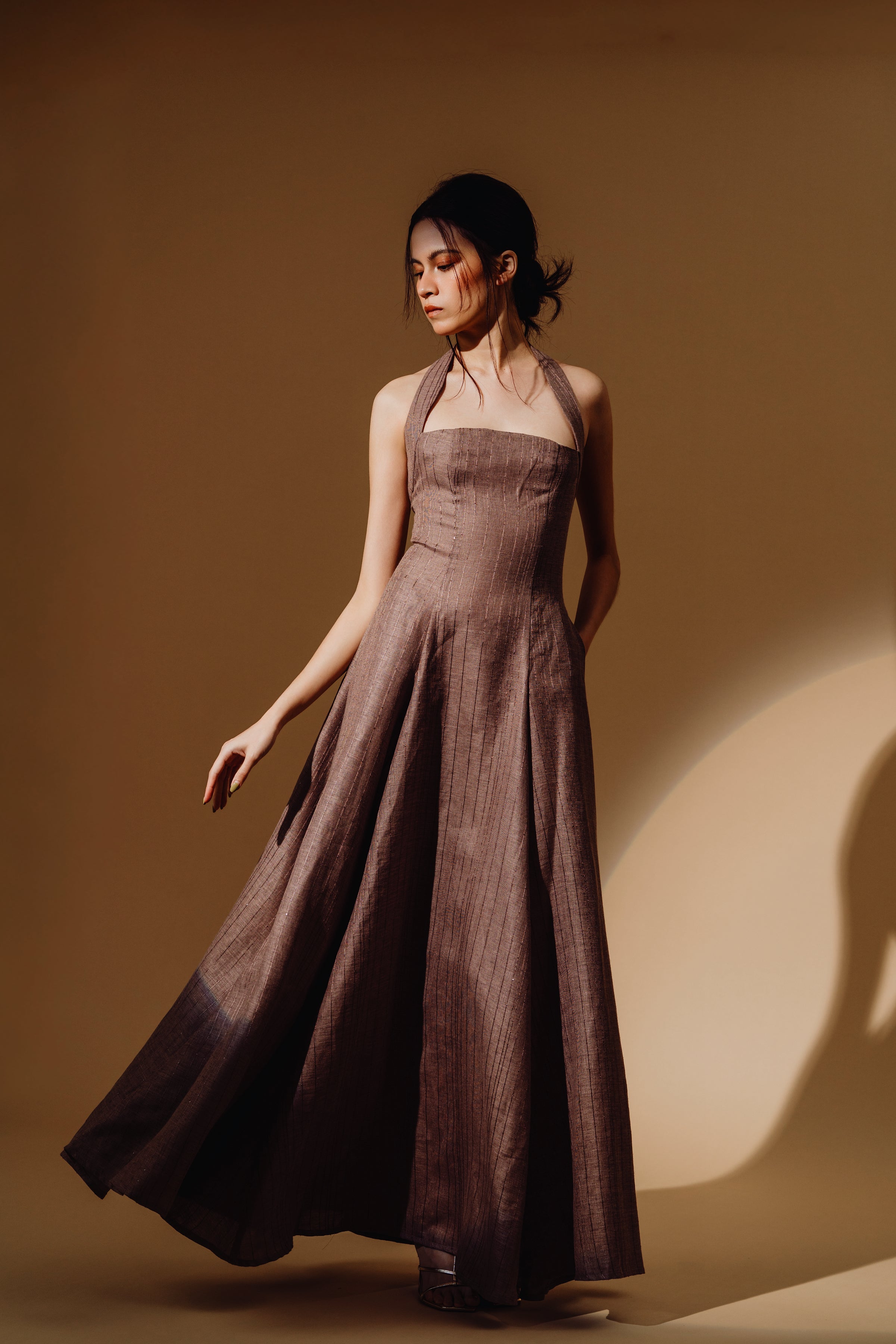 Linen Sequin Halter-Neck with Straps Maxi Dress and Bareback