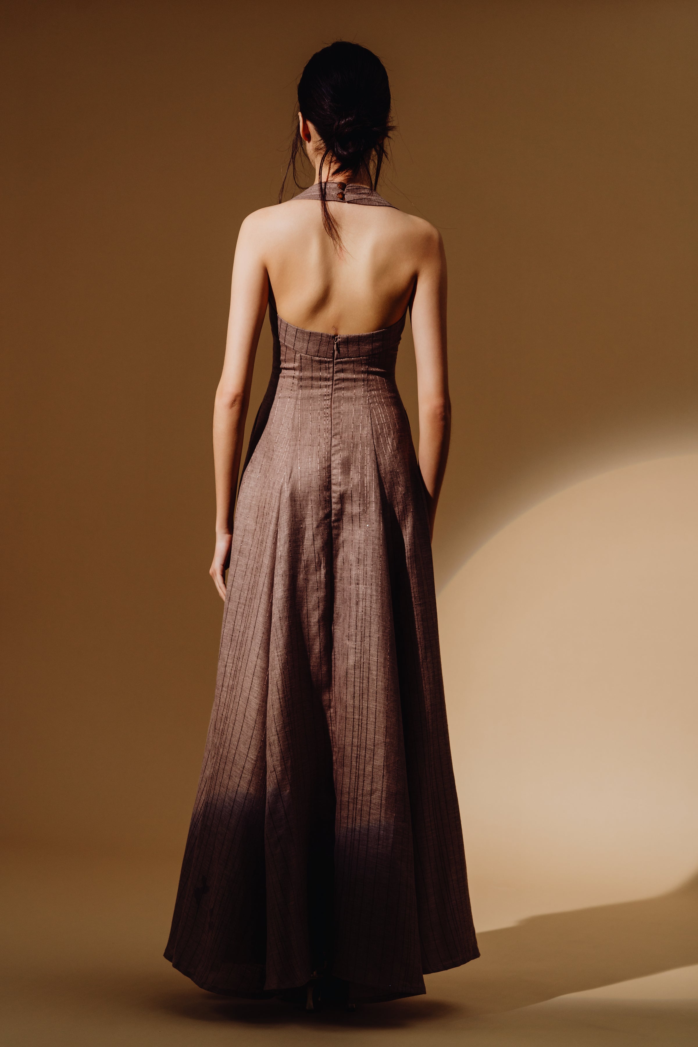 Linen Sequin Halter-Neck with Straps Maxi Dress and Bareback