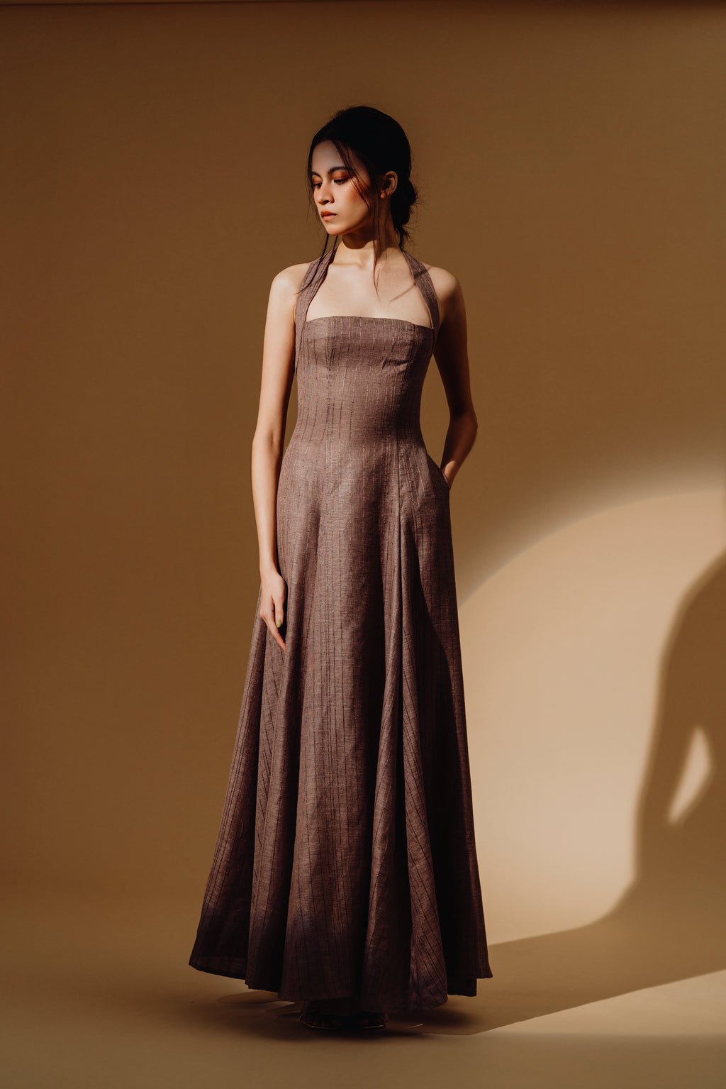 Linen Sequin Halter-Neck with Straps Maxi Dress and Bareback