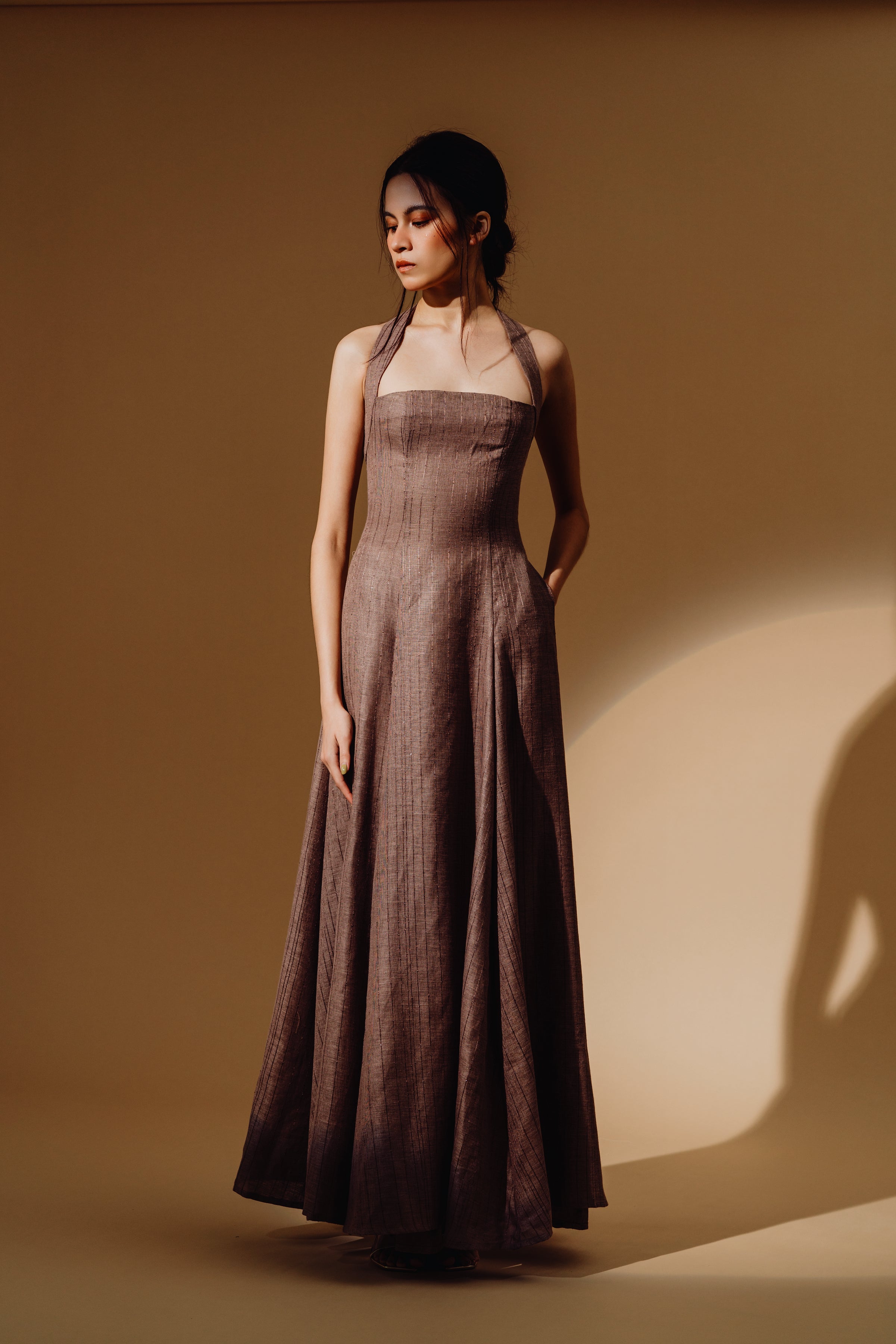 Linen Sequin Halter-Neck with Straps Maxi Dress and Bareback