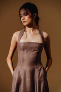 Linen Sequin Halter-Neck with Straps Maxi Dress and Bareback