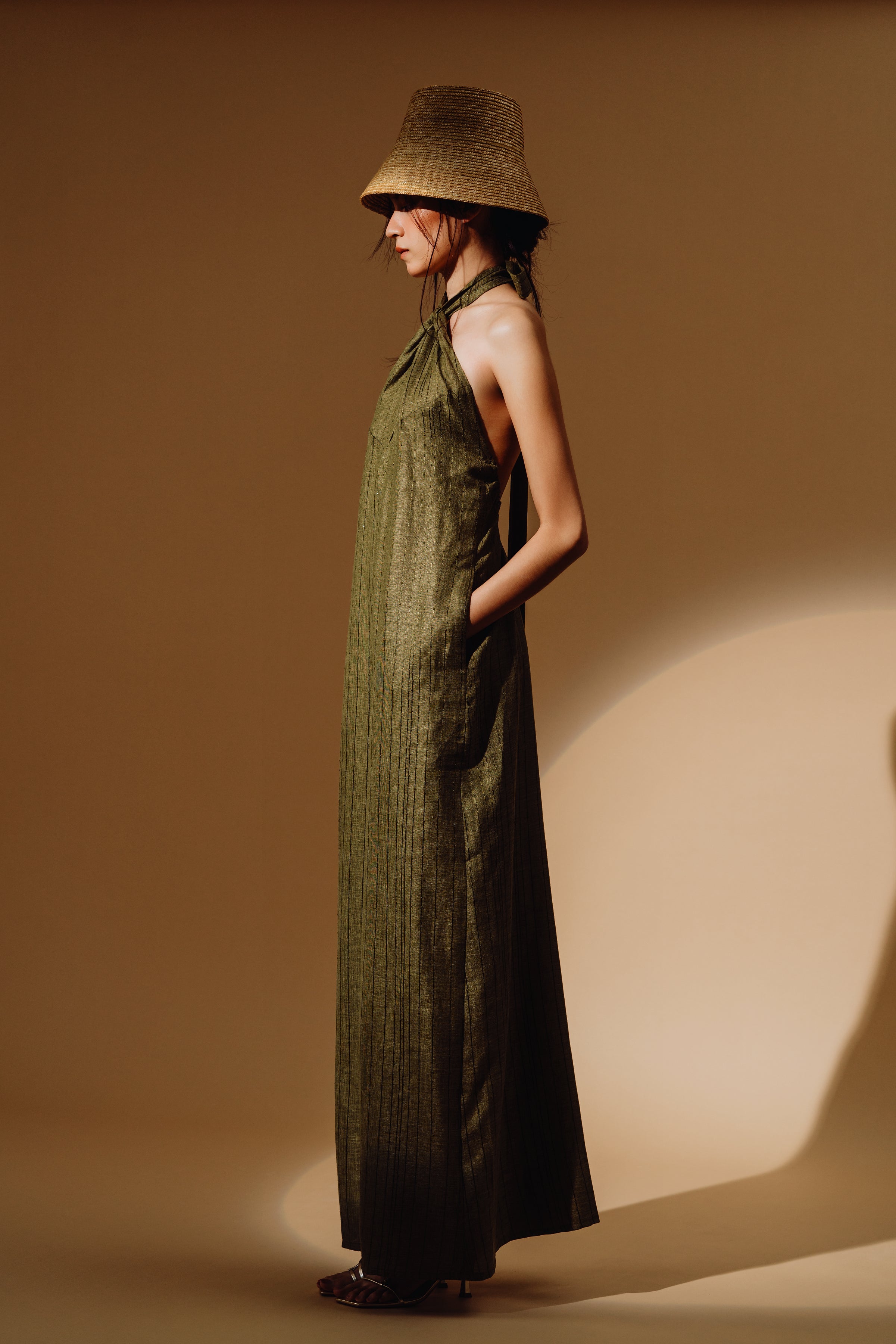 Linen Sequin Halter-Neck Jumpsuit and Bareback