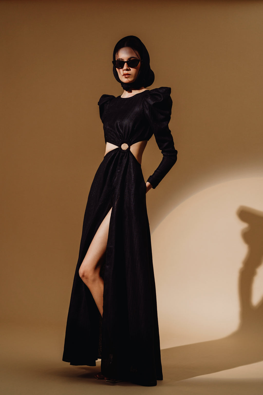 Linen Sequin Cut Out Puff-Sleeve Maxi Dress and Front Spilt with Zip