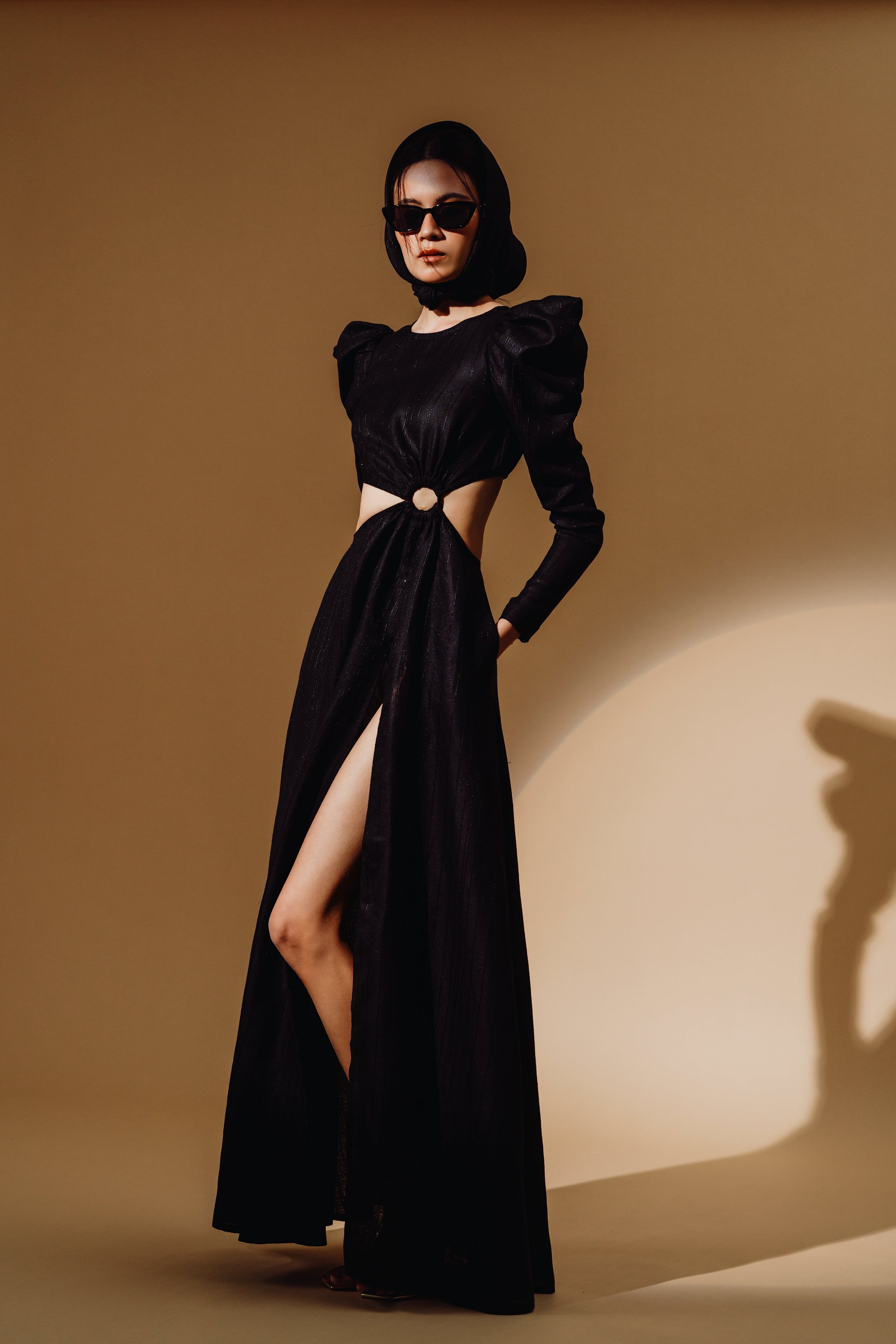 Linen Sequin Cut Out Puff-Sleeve Maxi Dress and Front Spilt with Zip