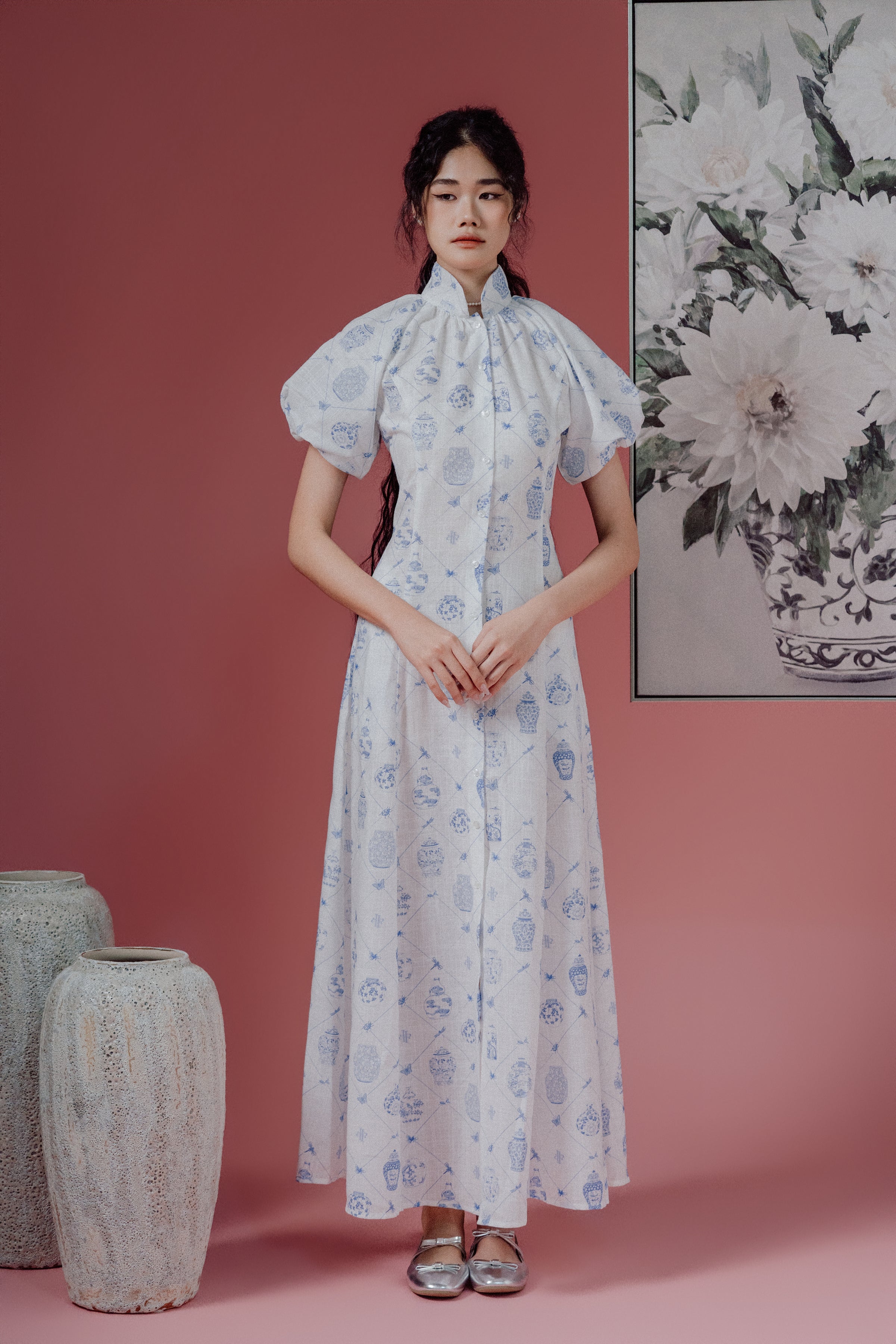 Chinoiserie Print Puff-Sleeve Shirt Dress