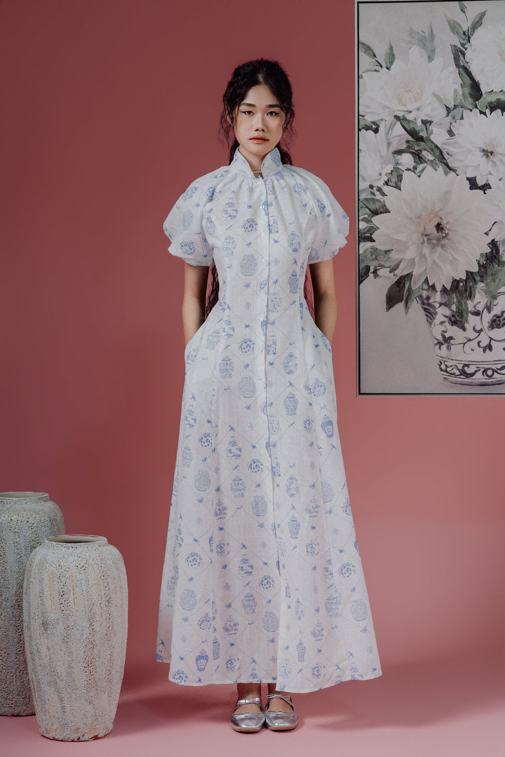 Chinoiserie Print Puff-Sleeve Shirt Dress
