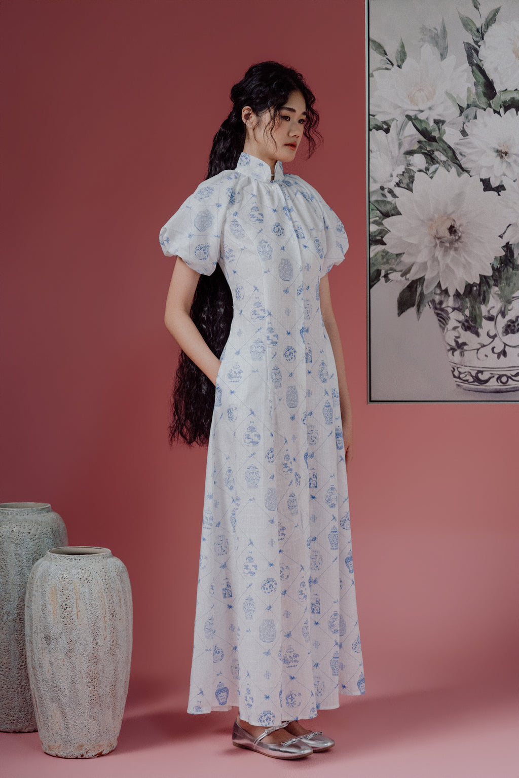 Chinoiserie Print Puff-Sleeve Shirt Dress