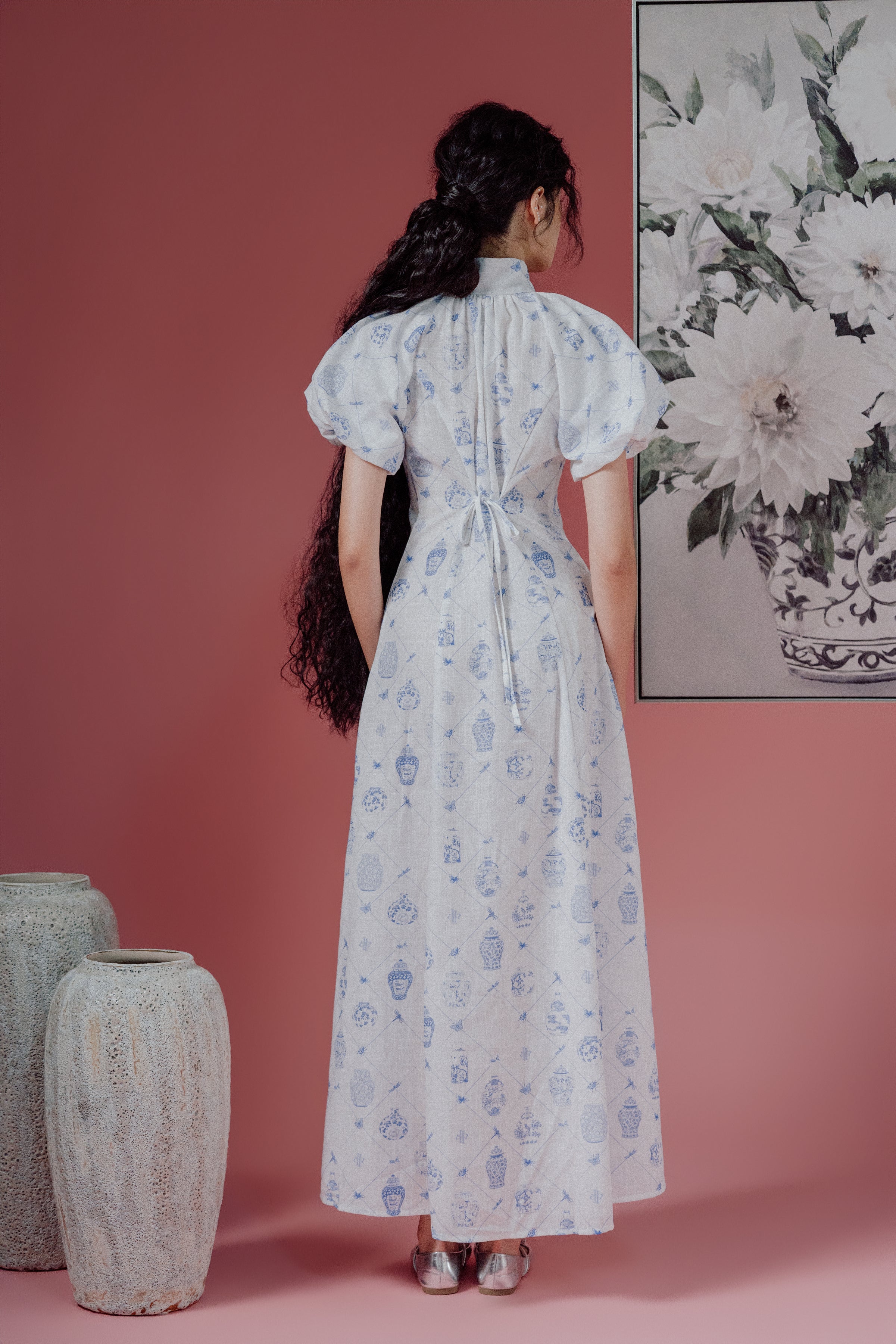 Chinoiserie Print Puff-Sleeve Shirt Dress