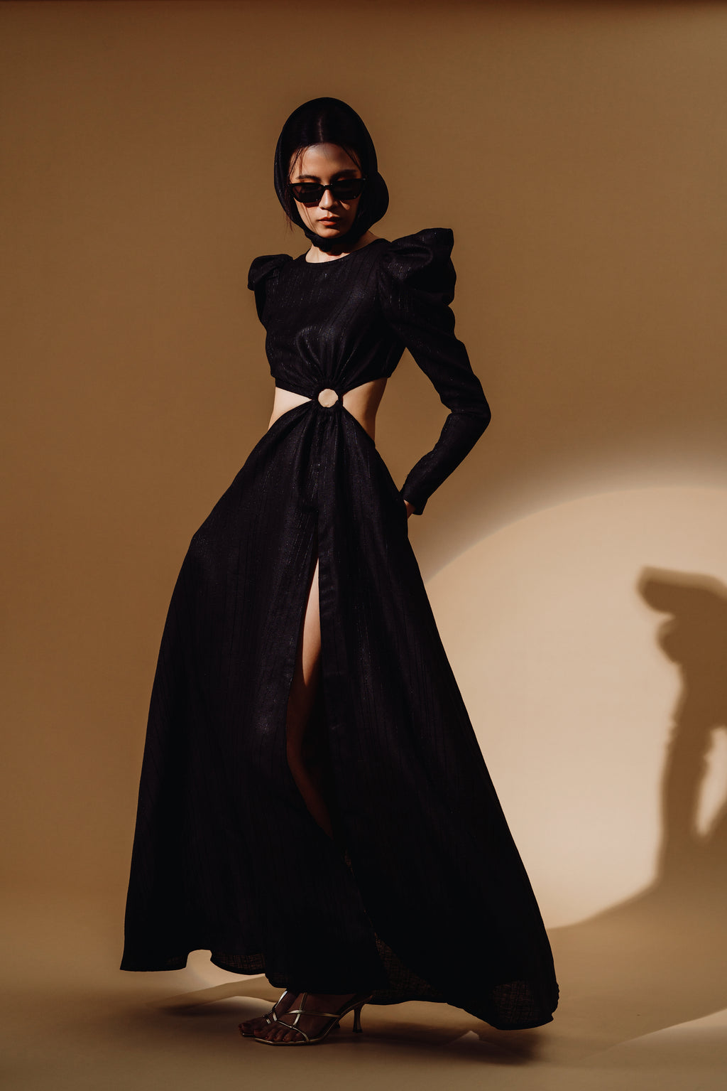 Linen Sequin Cut Out Puff-Sleeve Maxi Dress and Front Spilt with Zip