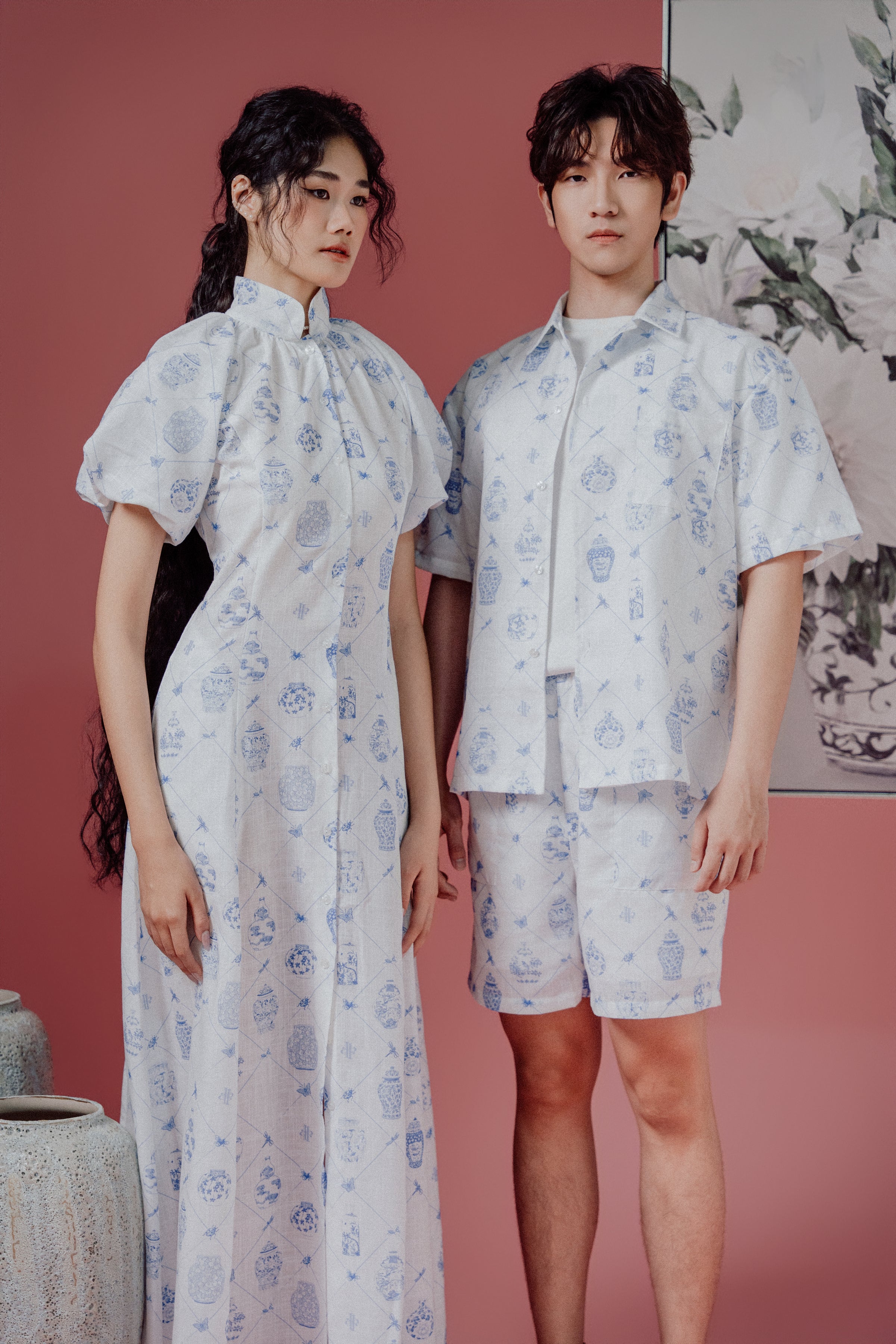 Chinoiserie Print Puff-Sleeve Shirt Dress