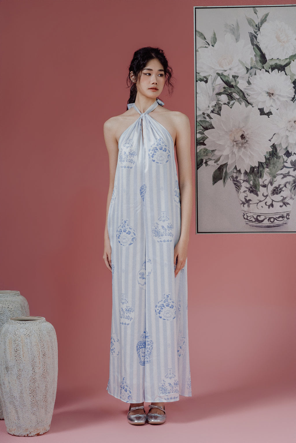 Chinoiesrie Print Halter-Neck Jumpsuit and Bareback