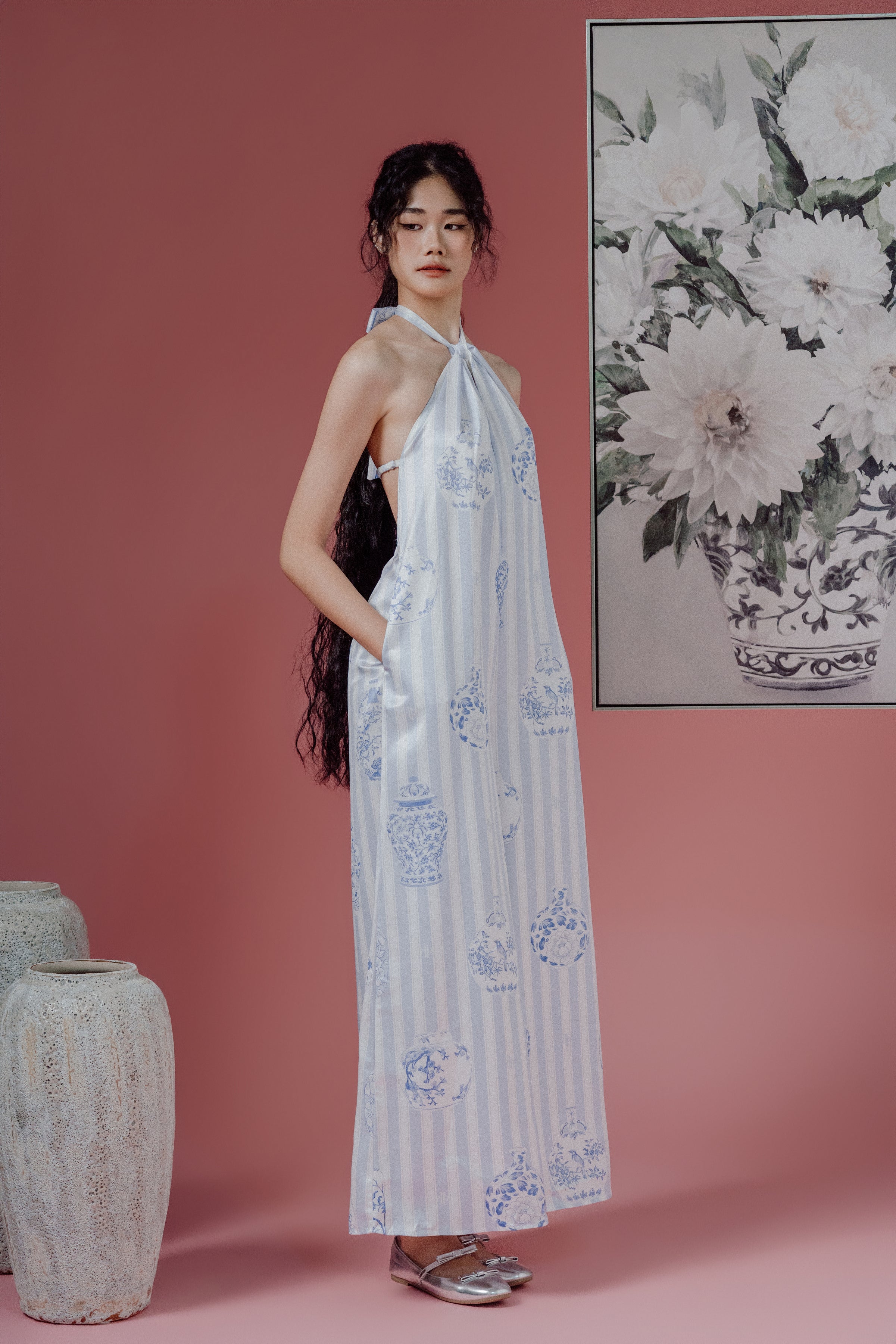 Chinoiesrie Print Halter-Neck Jumpsuit and Bareback