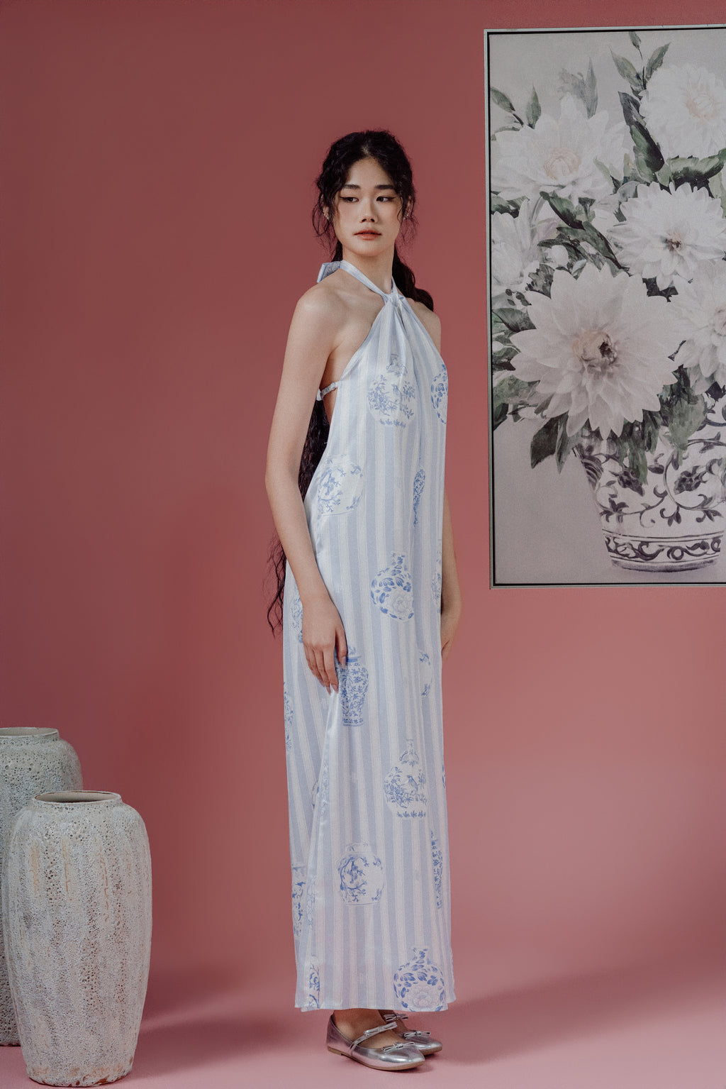 Chinoiesrie Print Halter-Neck Jumpsuit and Bareback