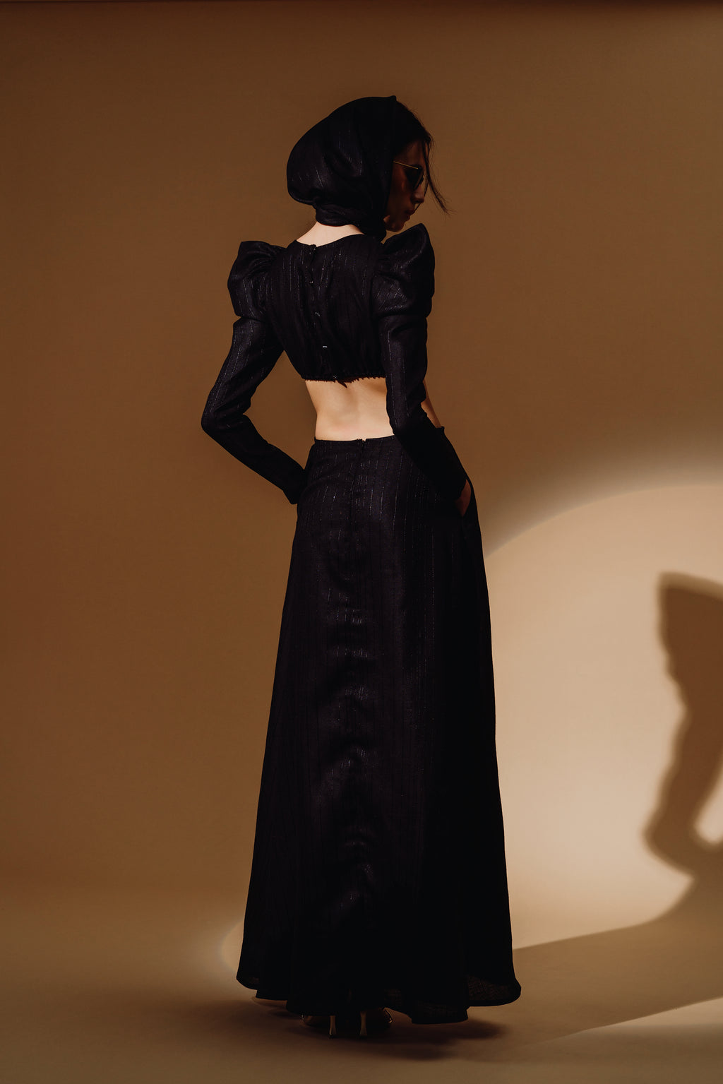 Linen Sequin Cut Out Puff-Sleeve Maxi Dress and Front Spilt with Zip