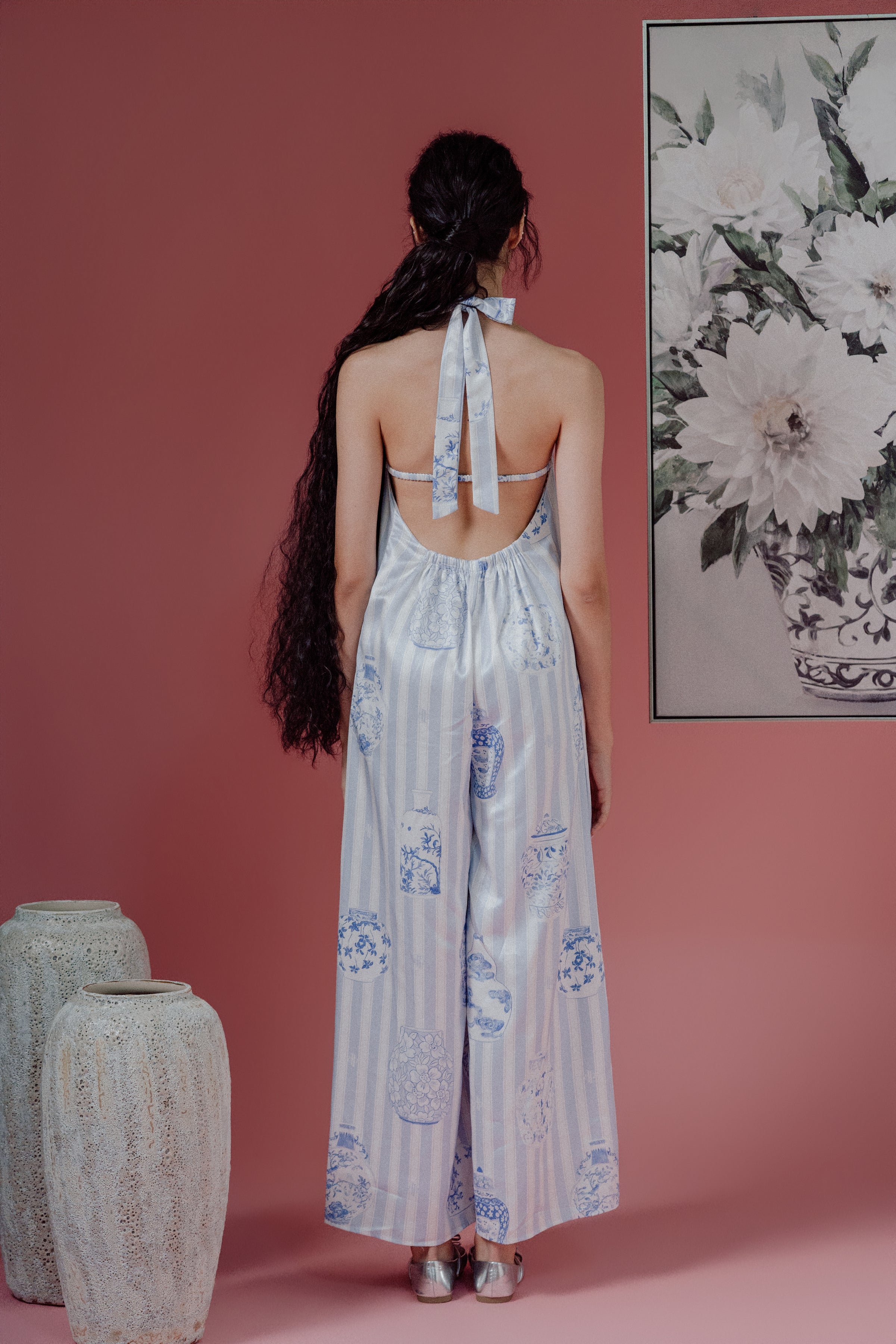 Chinoiesrie Print Halter-Neck Jumpsuit and Bareback