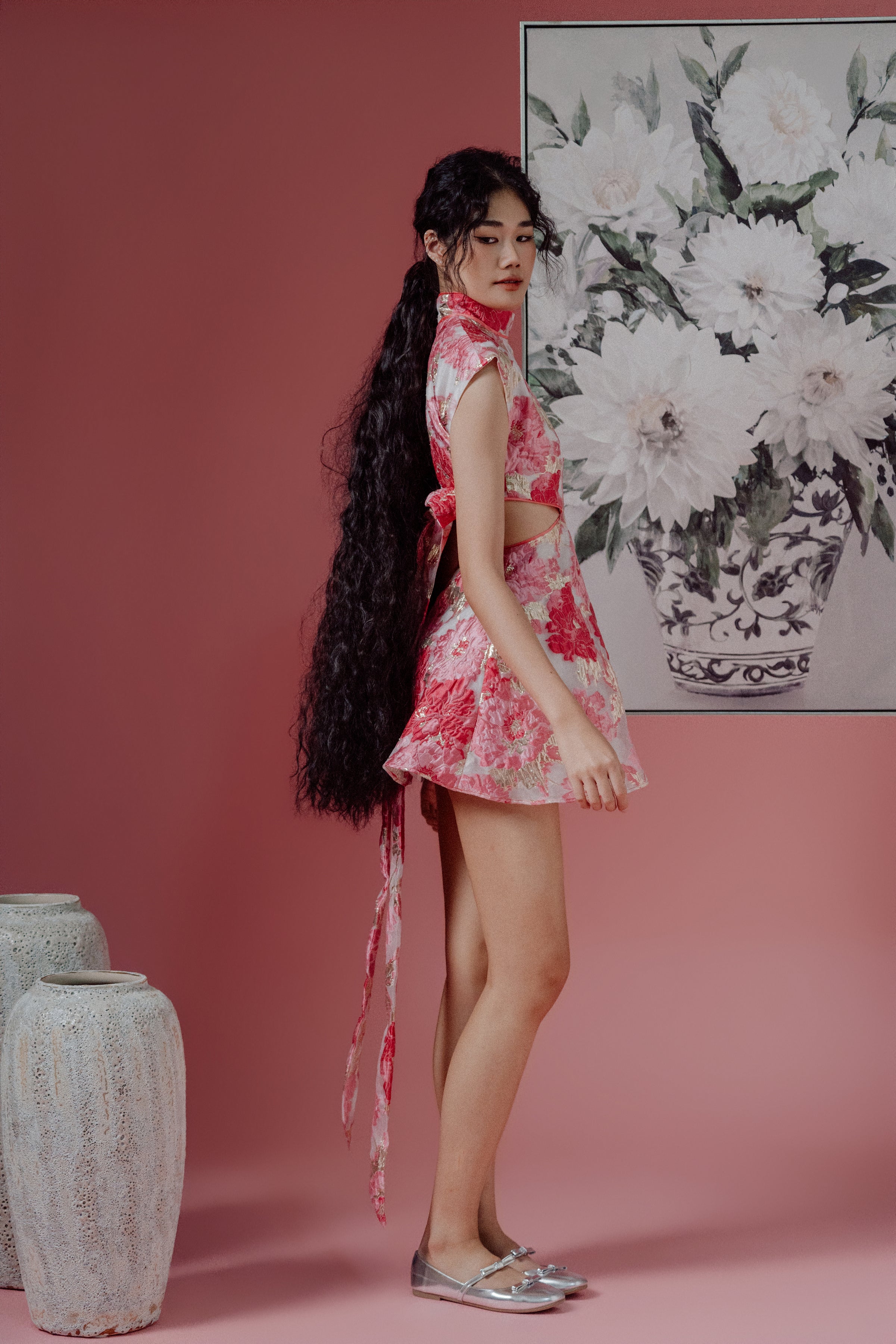 「璨 càn」Floral Brocade Cut Out Mini Dress with Long Bow Tie at Back