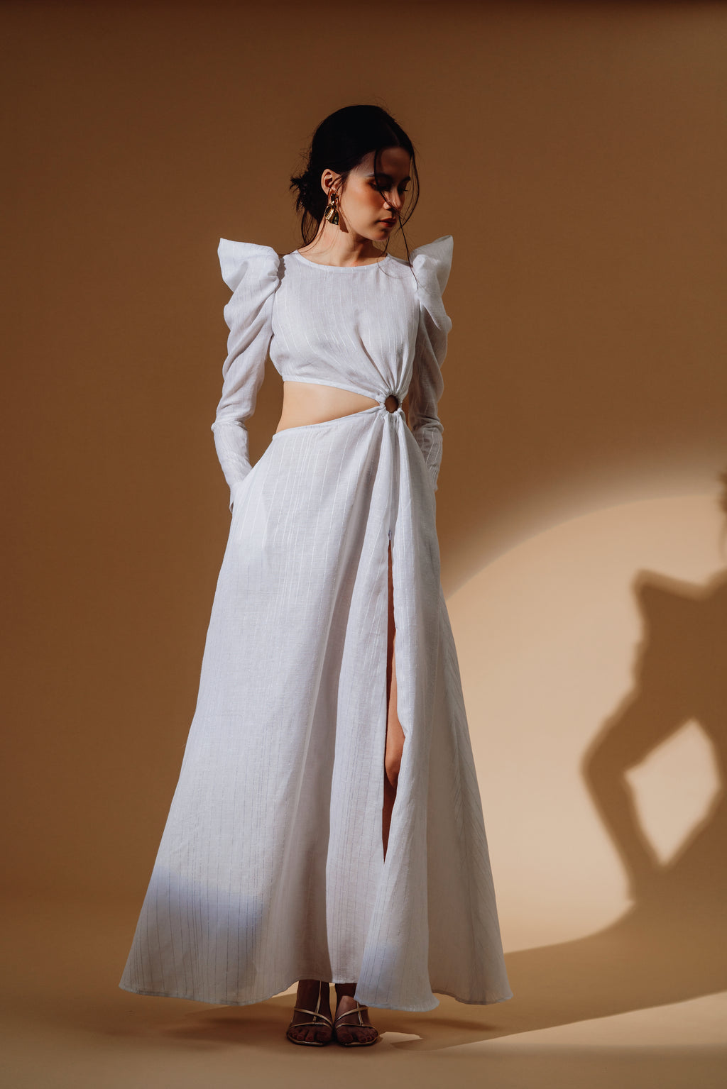 Linen Sequin Cut Out Puff-Sleeve Maxi Dress and Front Spilt with Zip