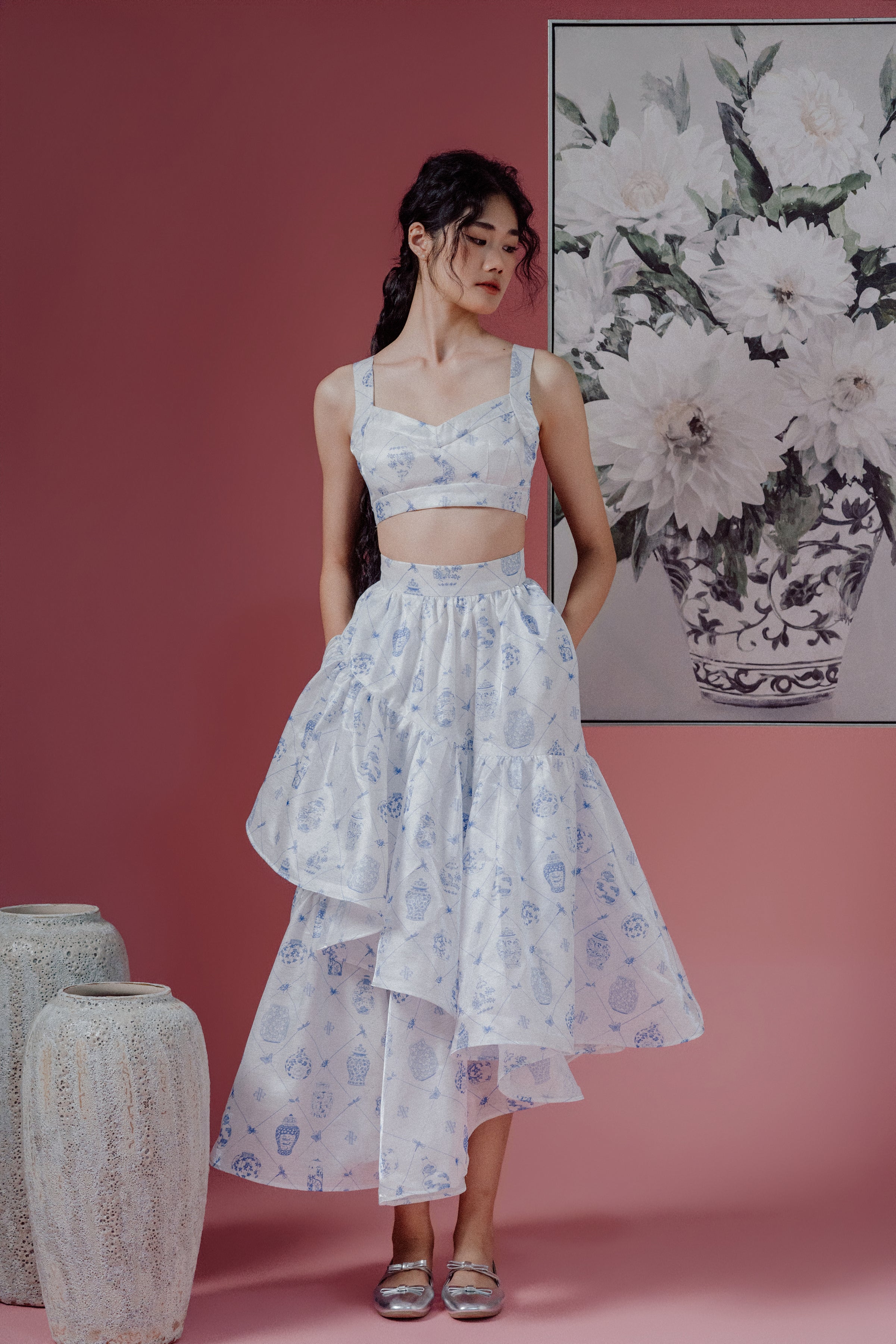 Chinoiserie Print High-Waisted Asymmetrical Tiered Skirt