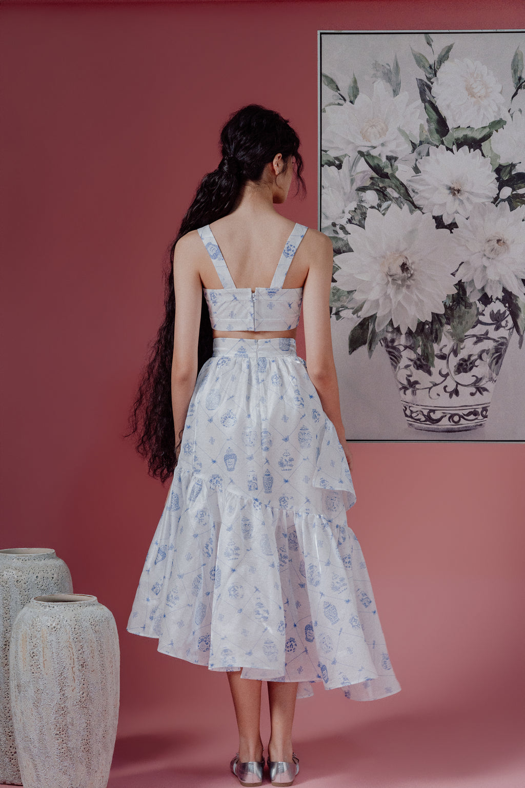 Chinoiserie Print High-Waisted Asymmetrical Tiered Skirt